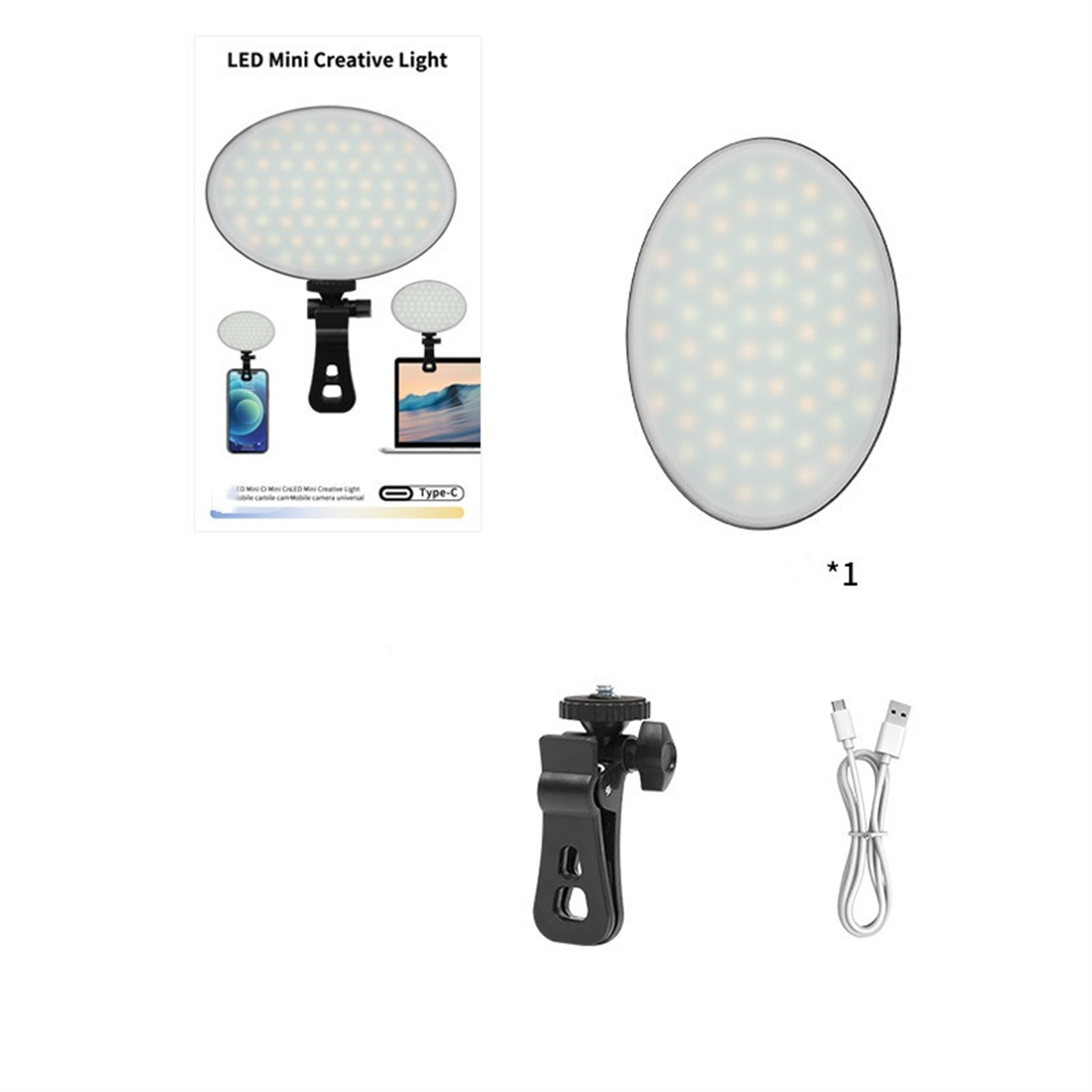 Das Bild zeigt ein LED Mini Creative Light. Es enthält ein Licht, einen Clip und ein USB-Kabel. Das Licht hat mehrere LEDs.