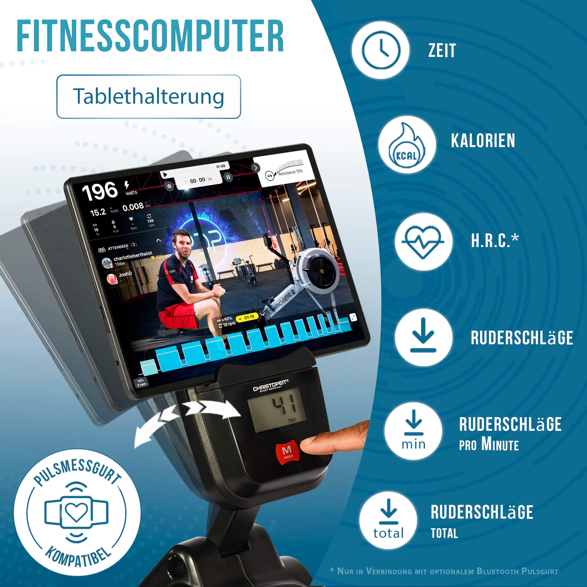 Fitnesscomputer mit Tablet, zeigt Trainingsdaten. Eine Person rudert auf dem Bildschirm. Zeigt Zeit, Kalorien, Herzfrequenz.
