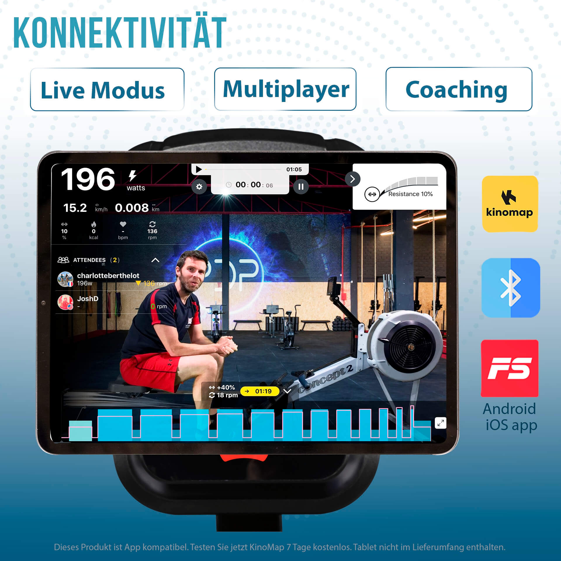 Ein Mann auf einem Rudergerät nutzt ein Tablet mit Statistiken und Trainingsoptionen. Der Bildschirm zeigt Daten und App-Symbole.