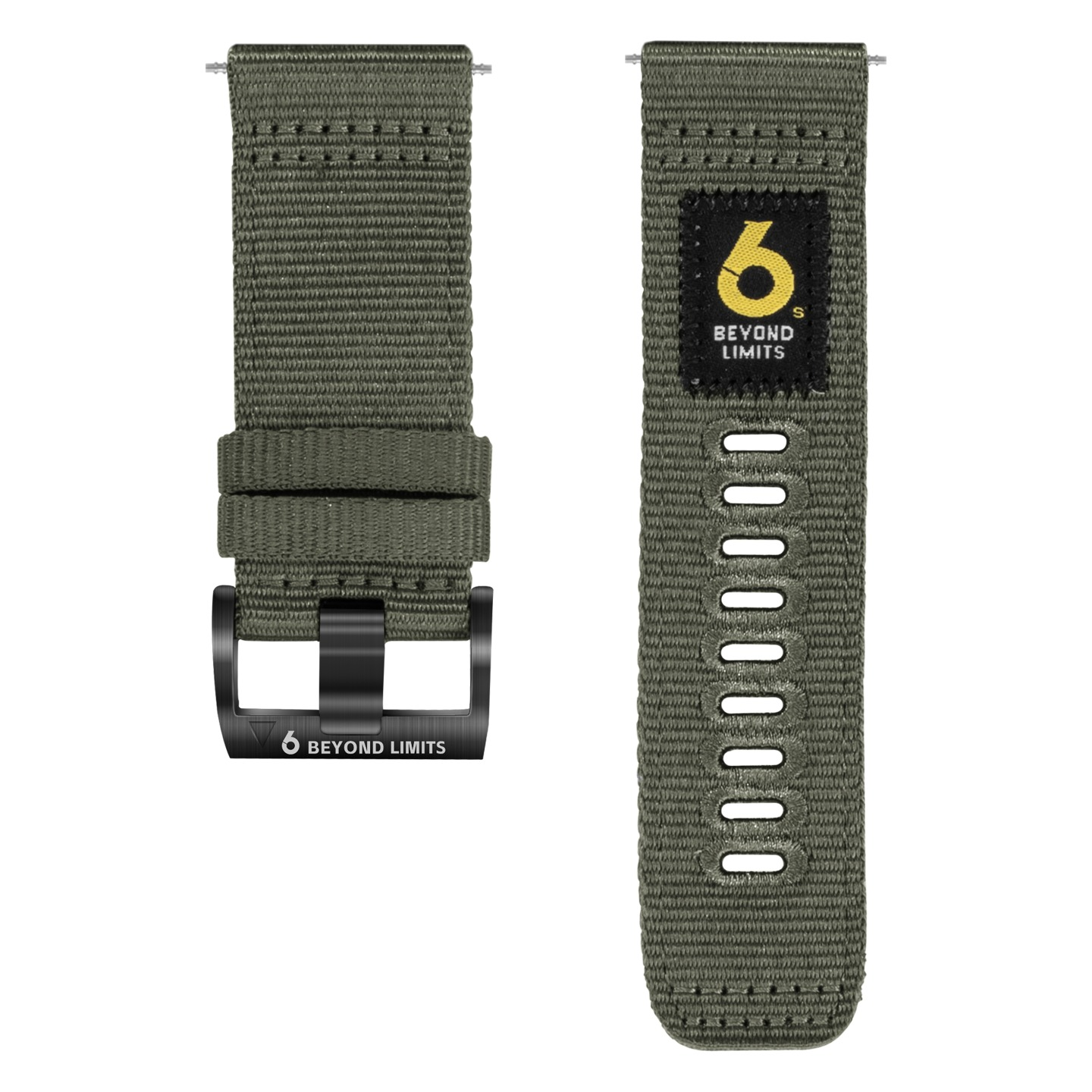 Zwei olivgrüne Uhrenarmbänder. Eines mit schwarzer Schnalle, das andere mit '6 beyond limits' Logo.