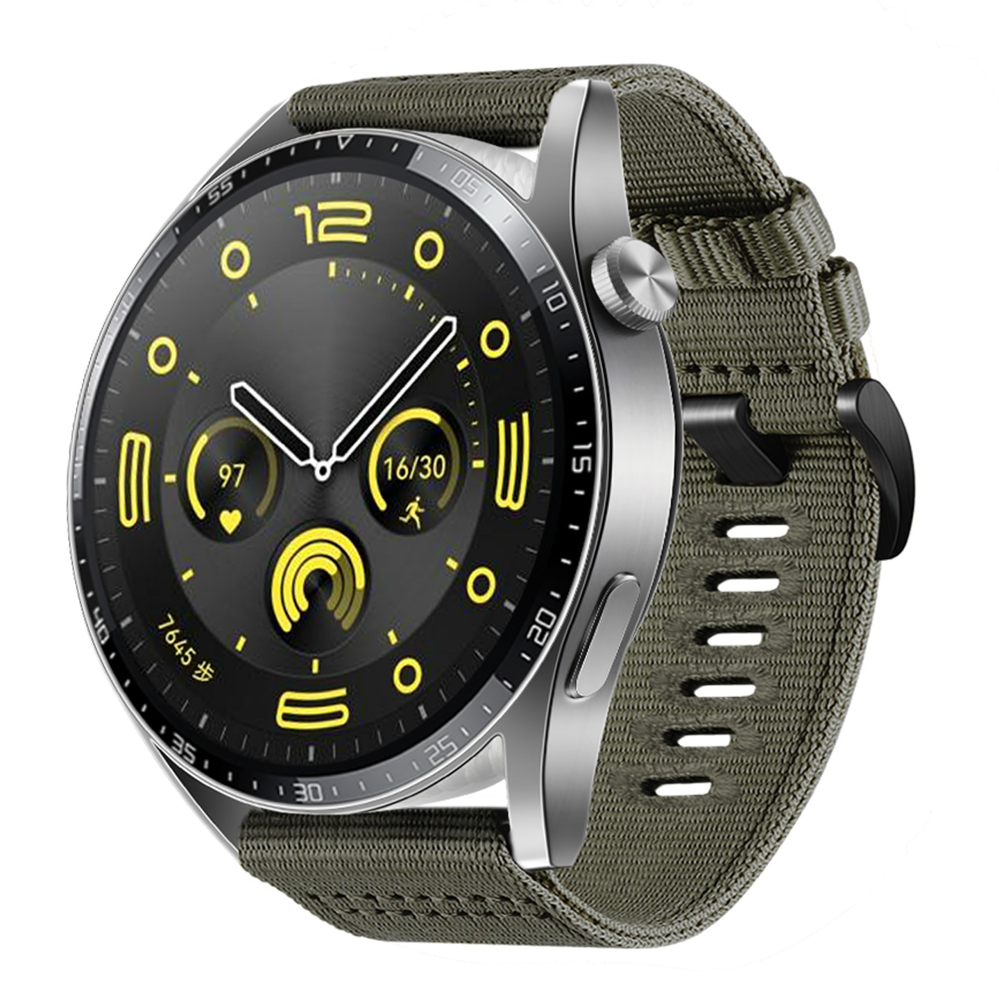 Eine Smartwatch mit dunklem Bildschirm, der Zeit und Fitnessdaten anzeigt, mit silbernem Gehäuse und olivgrünem Stoffarmband.