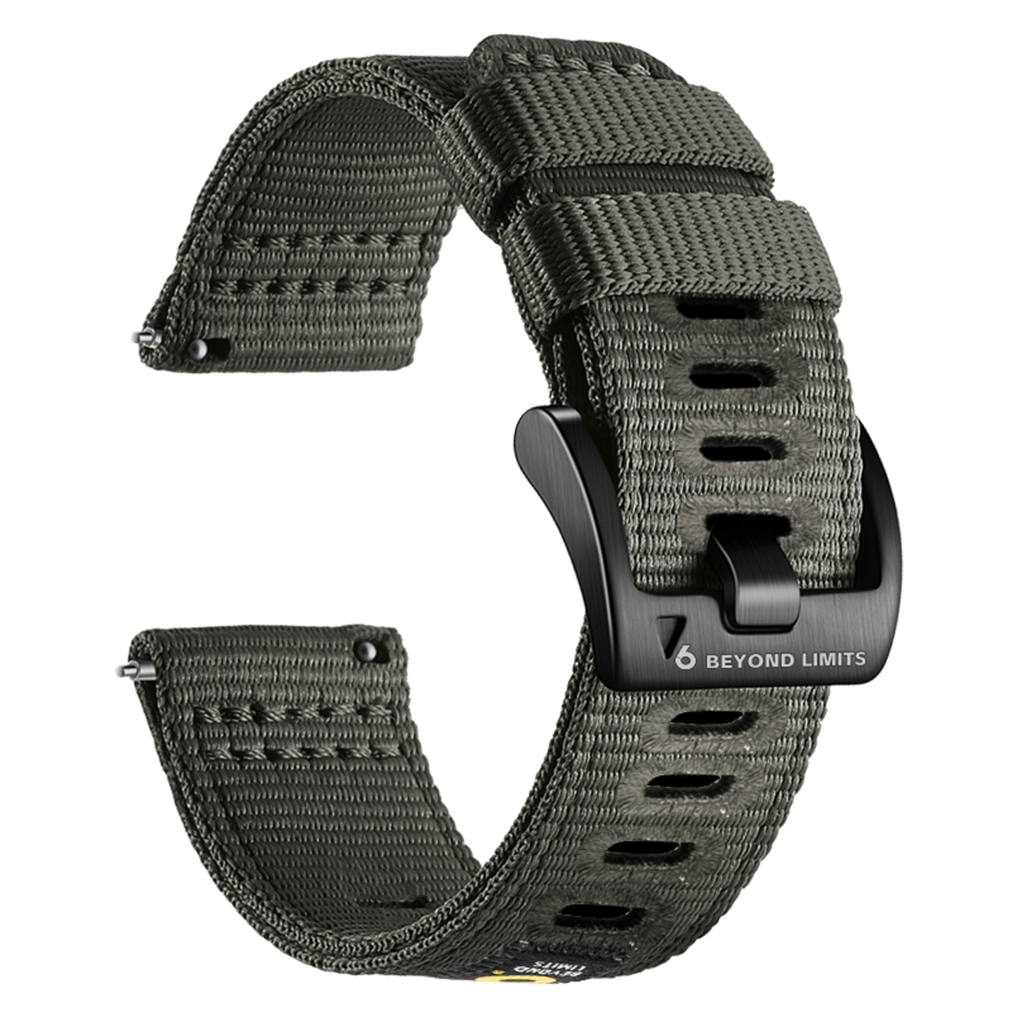 Olivgrünes Uhrenarmband mit schwarzer Schnalle. Das Armband besteht aus gewebtem Stoff. Die Schnalle trägt die Aufschrift 'BEYOND LIMITS'.