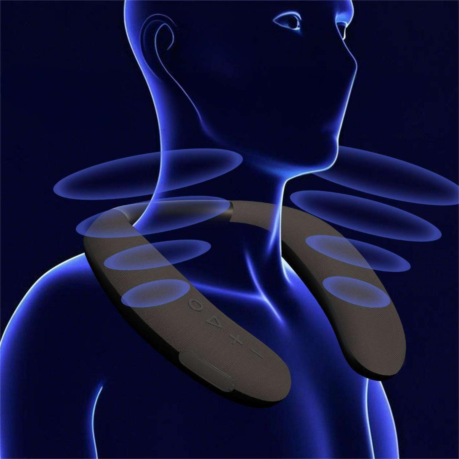 Eine blau getönte Illustration einer Person, die einen Nackenlautsprecher trägt. Blaue Ovale umgeben den Lautsprecher.