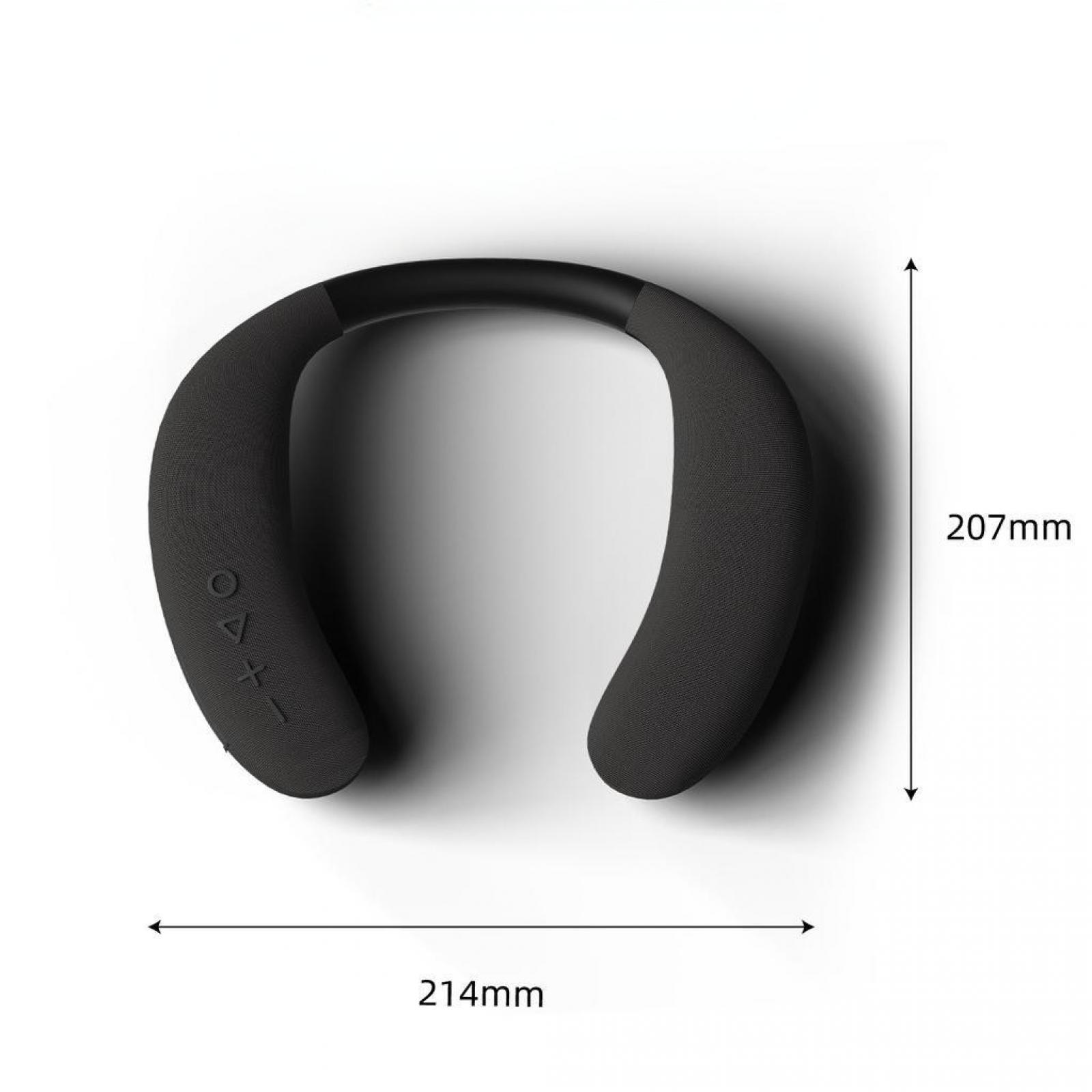 Ein schwarzer Nackenband-Lautsprecher. Die Abmessungen sind 214 mm breit und 207 mm hoch. Er hat Lautstärke- und Ein/Aus-Tasten.
