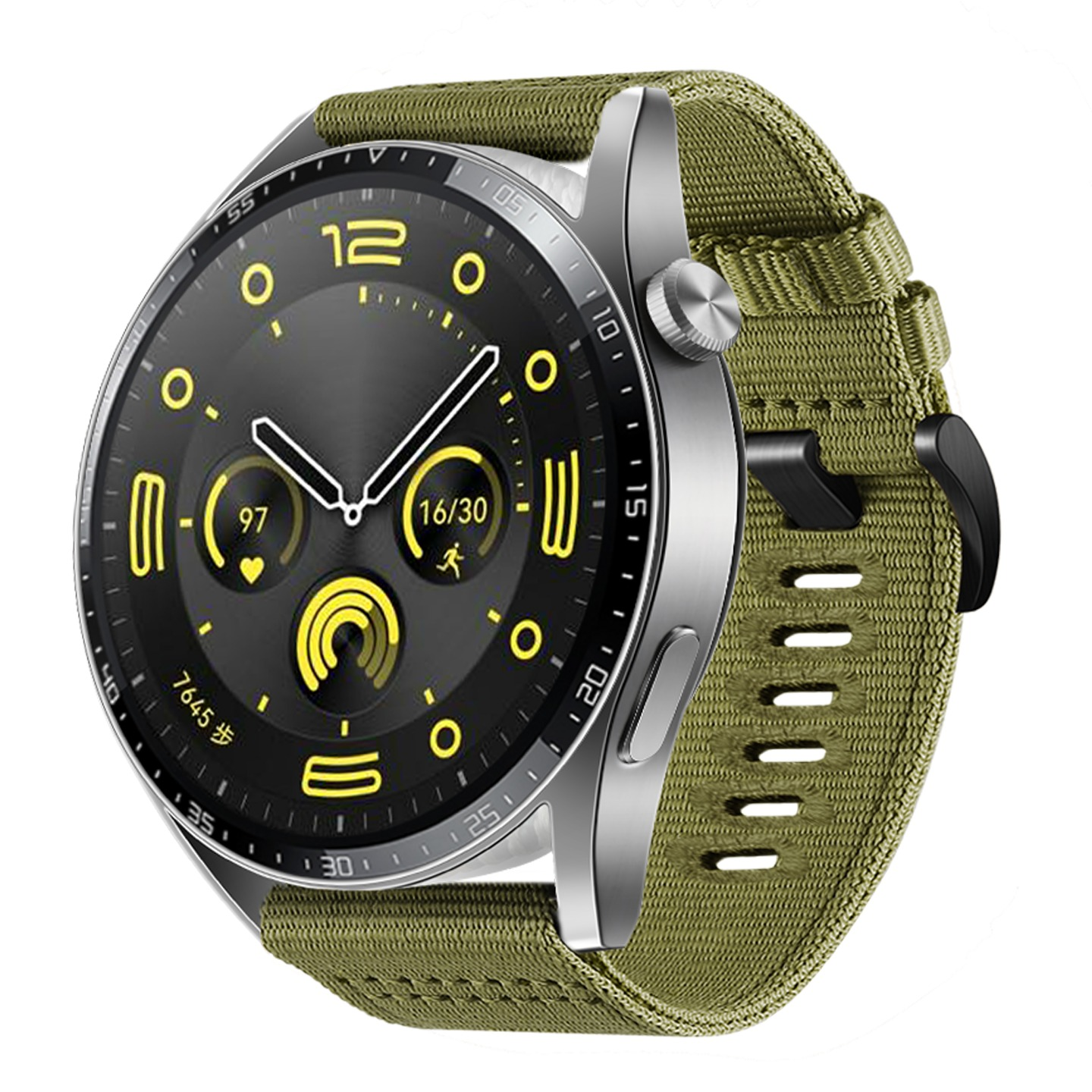 Eine runde Smartwatch mit schwarzem Bildschirm, der Daten anzeigt. Sie hat einen silbernen Rahmen und ein olivgrünes Stoffarmband.