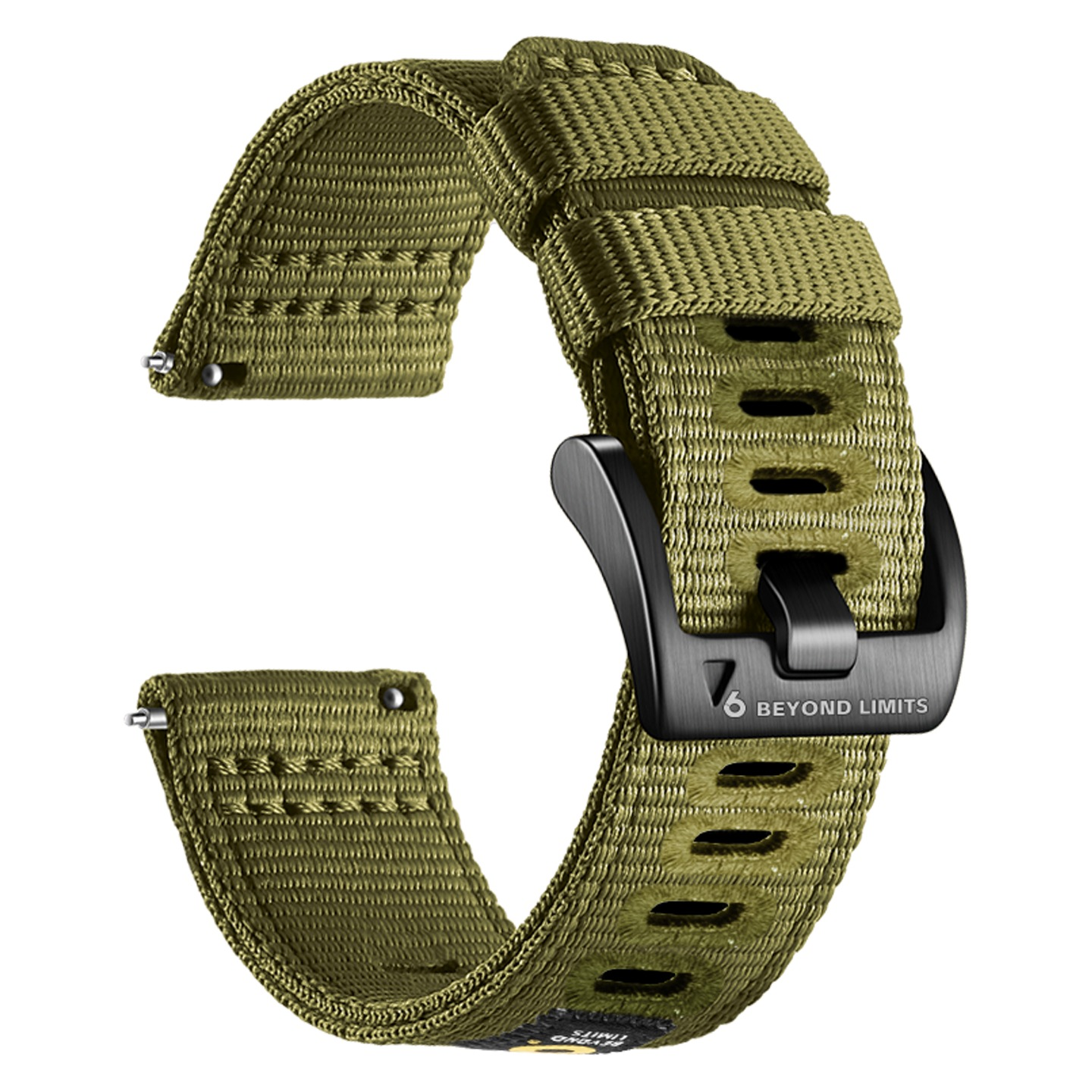 Olivgrünes Uhrenarmband mit schwarzer Schnalle. Das Armband hat mehrere Löcher und die Schnalle trägt die Aufschrift "Beyond Limits".
