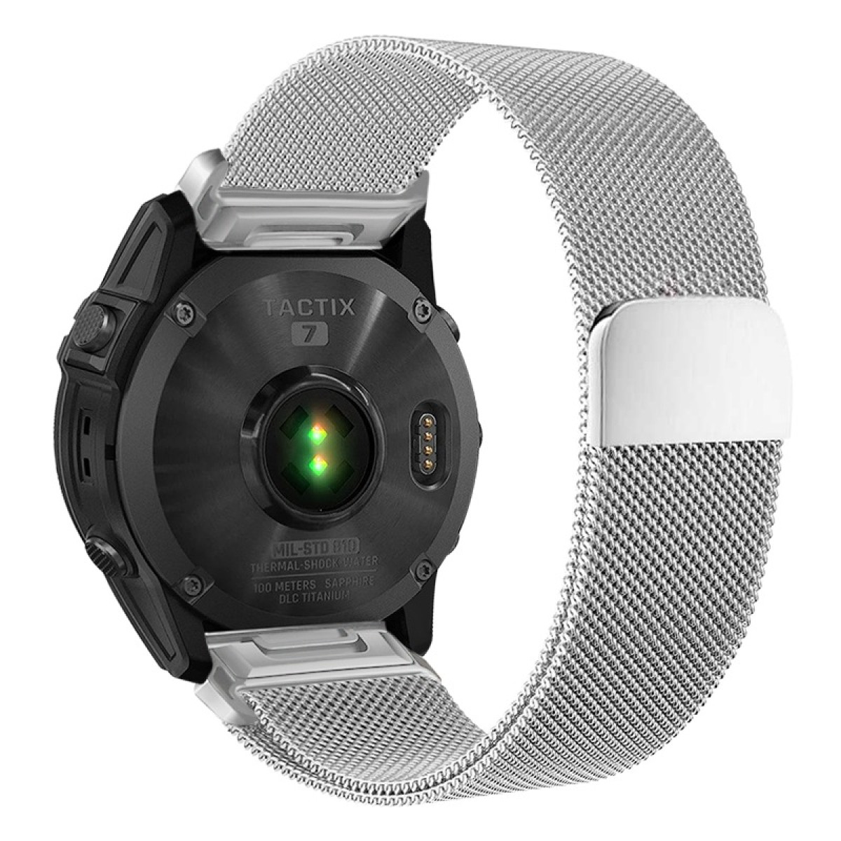 Eine schwarze Smartwatch mit silbernem Mesh-Armband. Das Zifferblatt ist schwarz mit Text und einem grünen Licht. Der Riemen hat einen weißen Verschluss.