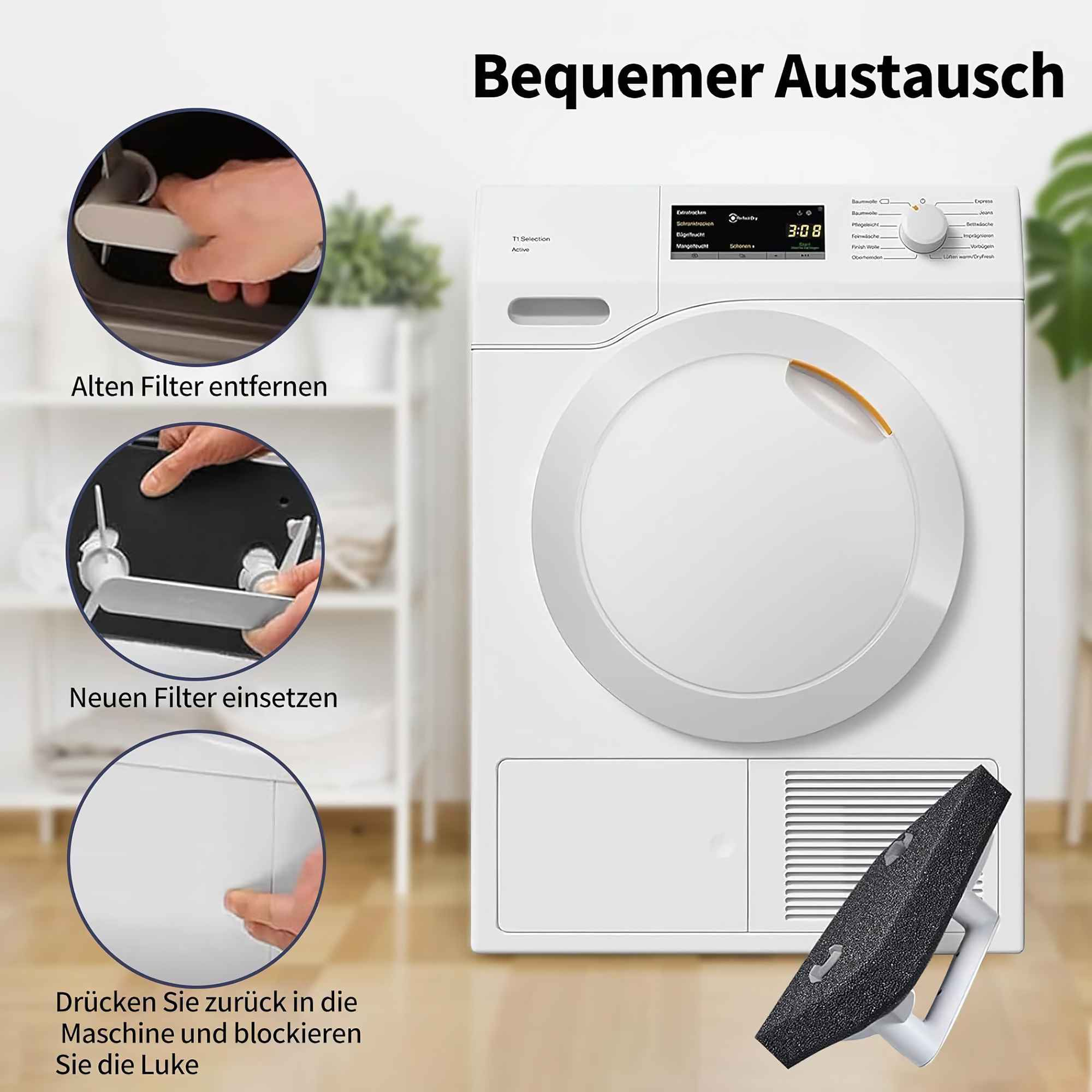 Anweisungen zum Wechseln eines Trocknerfilters. Hände entfernen, einsetzen und Sichern des Filters an einem weißen Trockner.