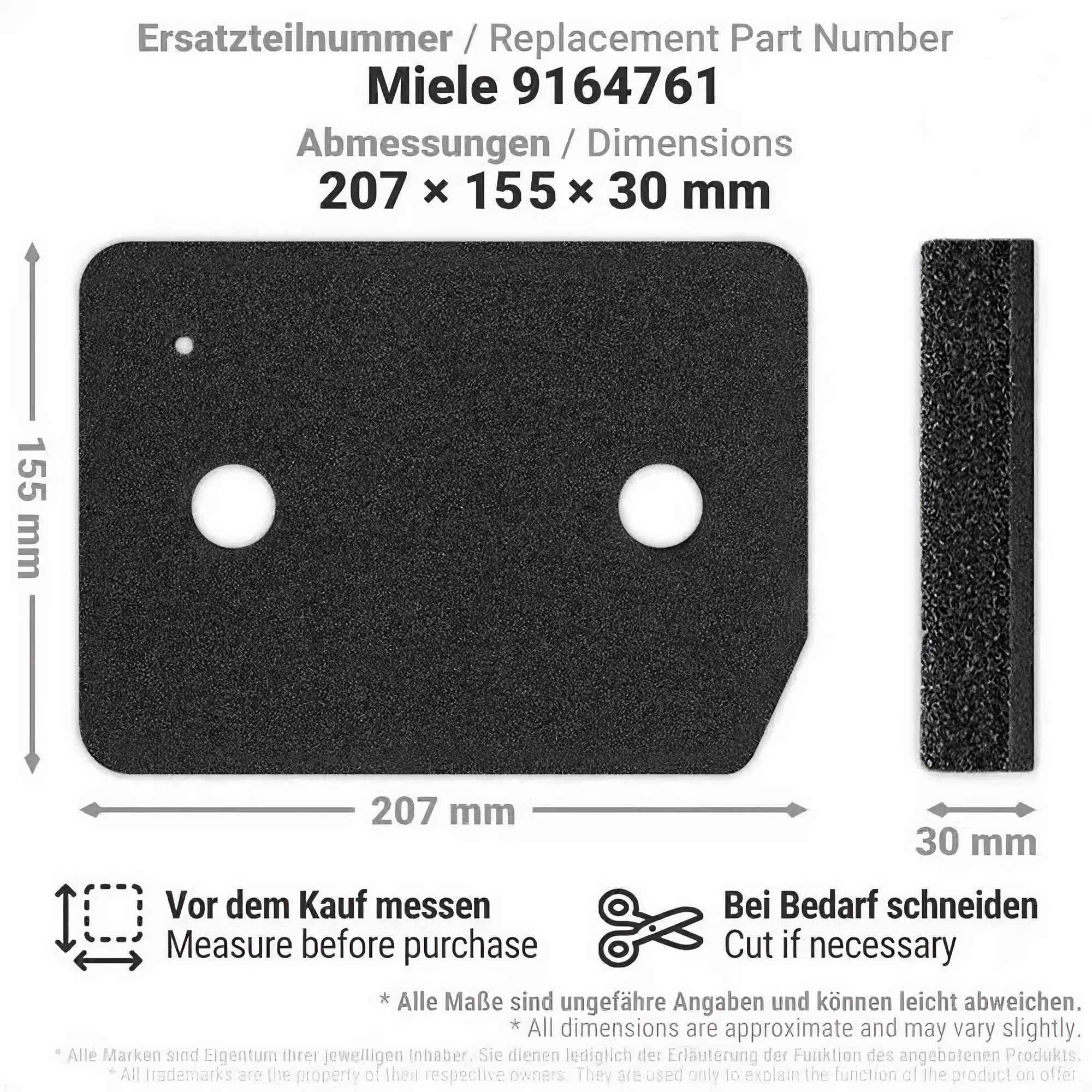 Ein schwarzes Schaumstoffteil mit Abmessungen, Text und Anweisungen, möglicherweise Ersatz für Miele.