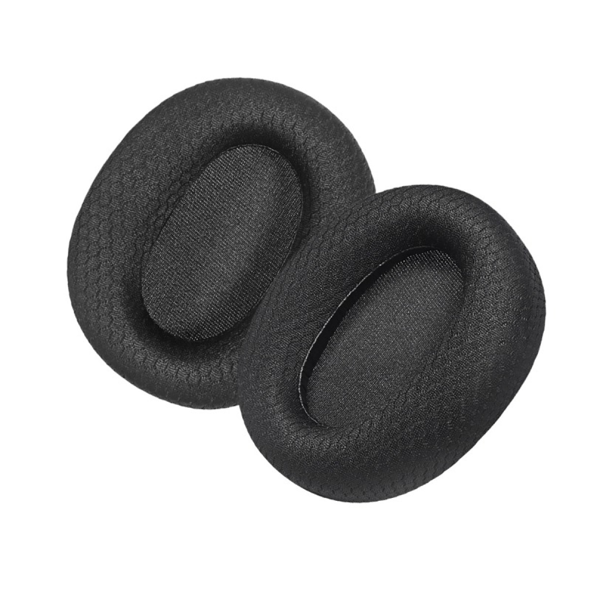 Zwei schwarze Ohrpolster für Kopfhörer, oval geformt. Die Polster bestehen aus einem strukturierten Material.