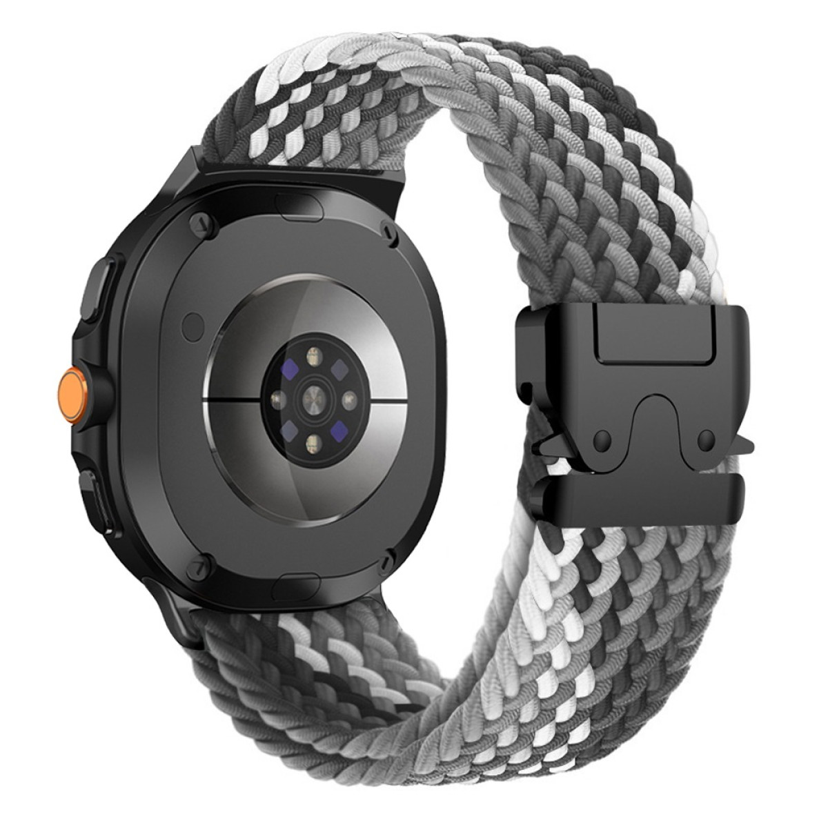 Smartwatch nero con cinturino intrecciato grigio, bianco e nero. Il retro mostra sensori e chiusura.