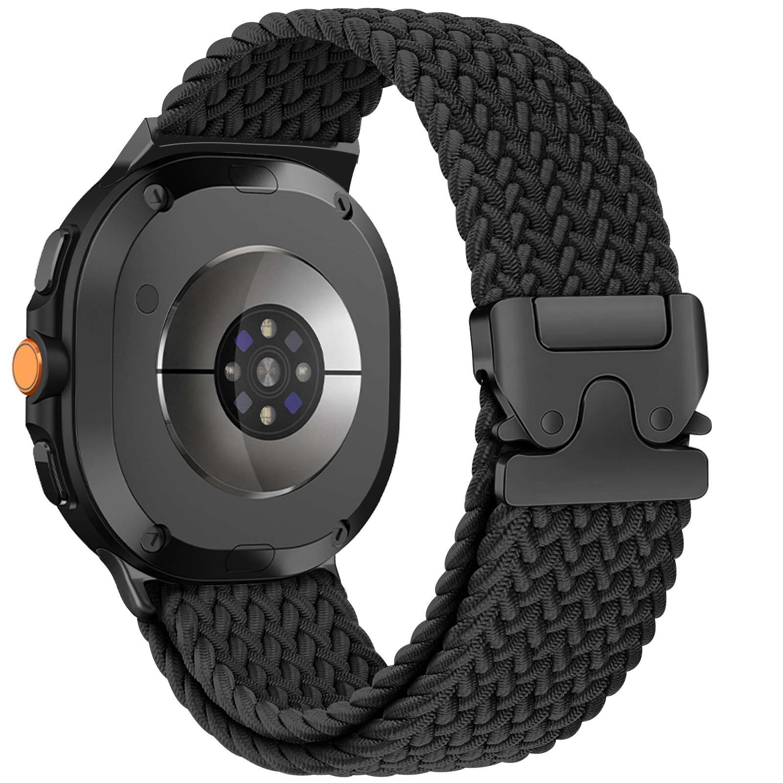 Eine schwarze Smartwatch mit einem geflochtenen schwarzen Armband wird vor einem weißen Hintergrund gezeigt.