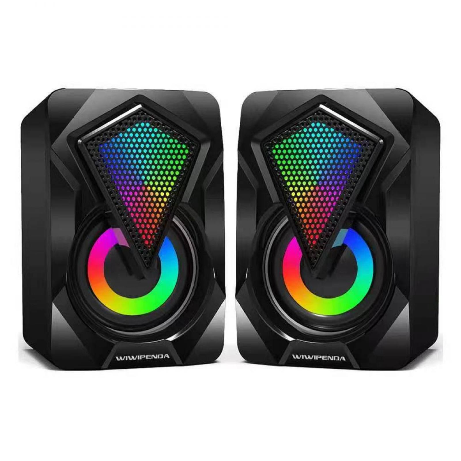 Zwei schwarze Lautsprecher mit bunten LED-Lichtern. Die Lautsprecher haben ein rautenförmiges Design und den Markennamen WIWIPENDA.