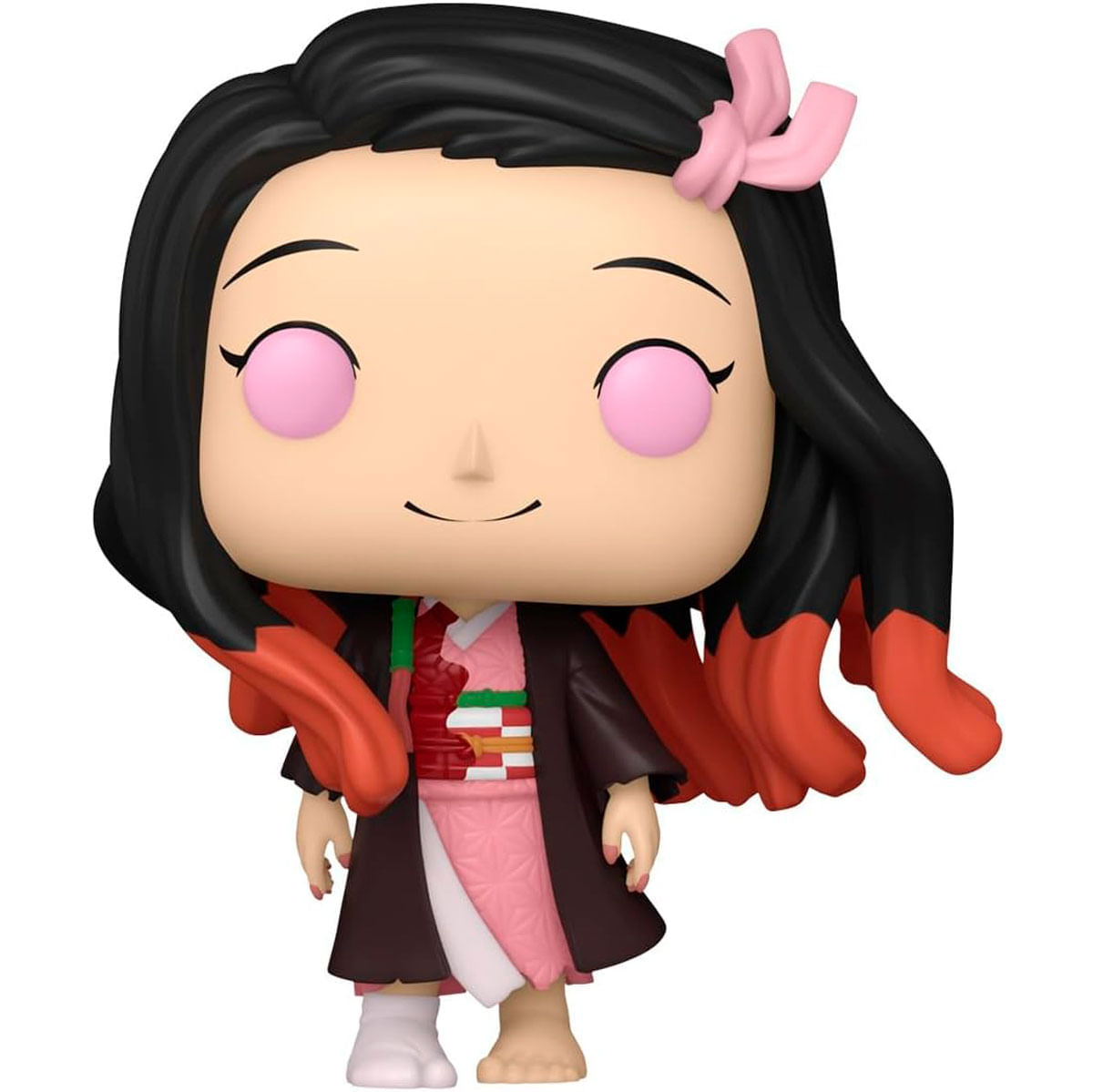 Figurka Funko Pop Nezuko Kamado z Demon Slayer, z różowymi oczami i kokardą. Nosi różowe kimono i brązowy płaszcz.