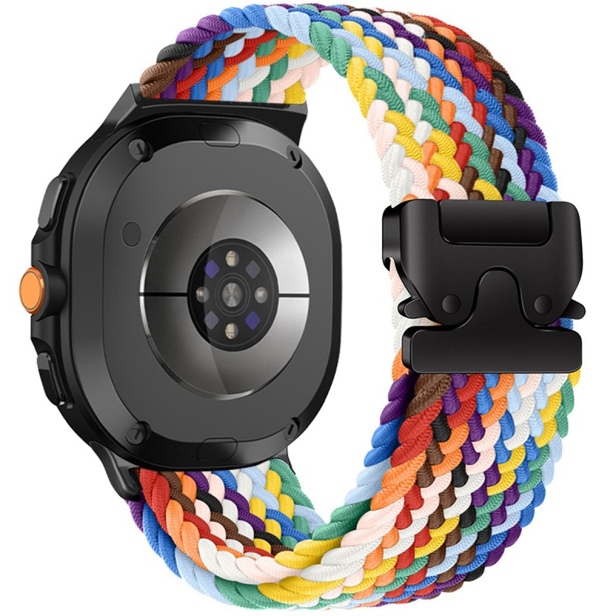 Uno smartwatch nero con un cinturino intrecciato colorato. Il cinturino presenta più colori. L'orologio ha un pulsante arancione.