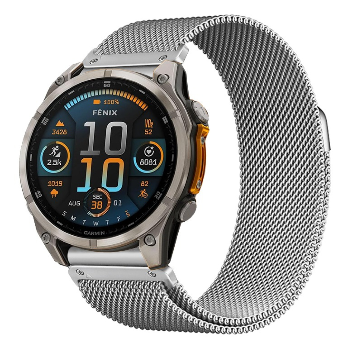 Eine silberne Smartwatch mit Mesh-Armband zeigt Statistiken. Der Bildschirm zeigt Zeit, Gesundheitsmetriken und Akkulaufzeit, mit orangefarbenen Akzenten.