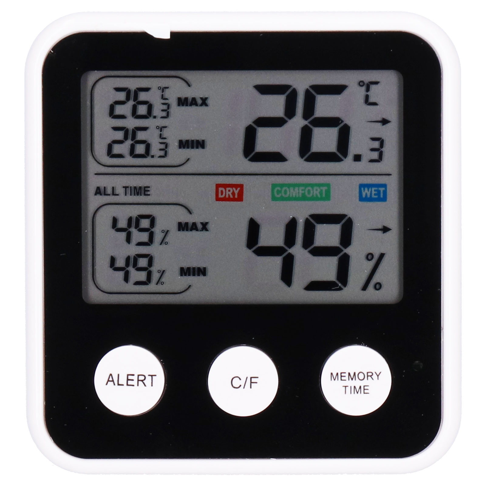Digitales Thermometer mit weißem Rahmen. Zeigt Temperatur- und Feuchtigkeitsmesswerte an, mit Tasten für Alarm, C/F und Speicher.