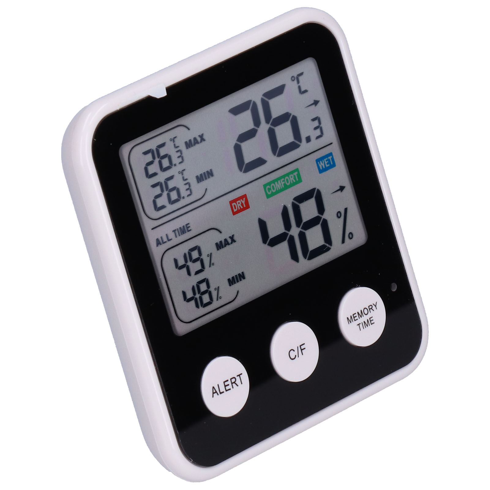 Ein digitales Thermometer zeigt 26,3°C und 48 % Luftfeuchtigkeit. Es hat Tasten für Alarm, C/F und Speicher.