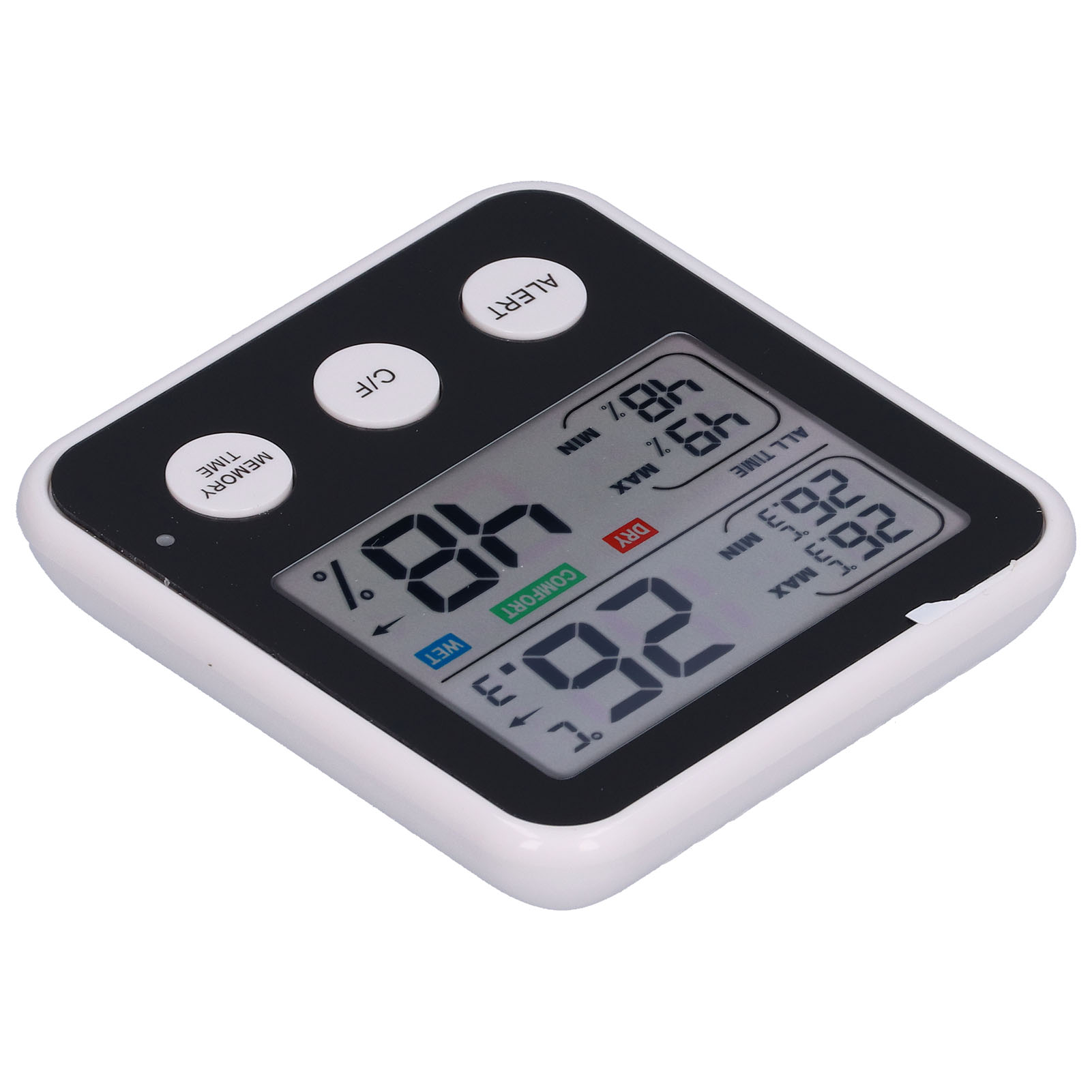 Ein weißes und schwarzes digitales Thermometer zeigt Temperatur und Luftfeuchtigkeit an. Tasten sind C/F, Alarm und Speicher/Zeit.