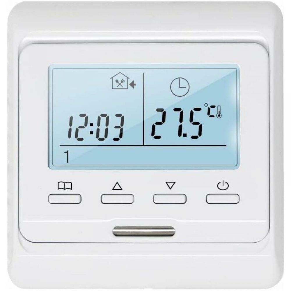 Ein weißer Thermostat zeigt 12:03 und 27,5°C an. Er hat Tasten für Einstellungen und Strom. Der Bildschirm ist blau und der Rahmen weiß.