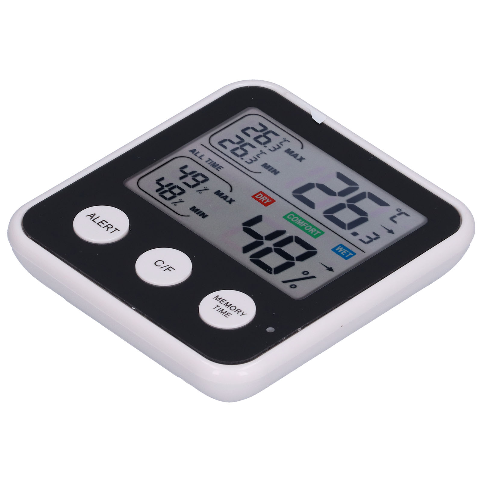 Ein weißes und schwarzes digitales Thermometer zeigt Temperatur- und Feuchtigkeitsmesswerte an, mit Tasten für Alarm und Einstellungen.