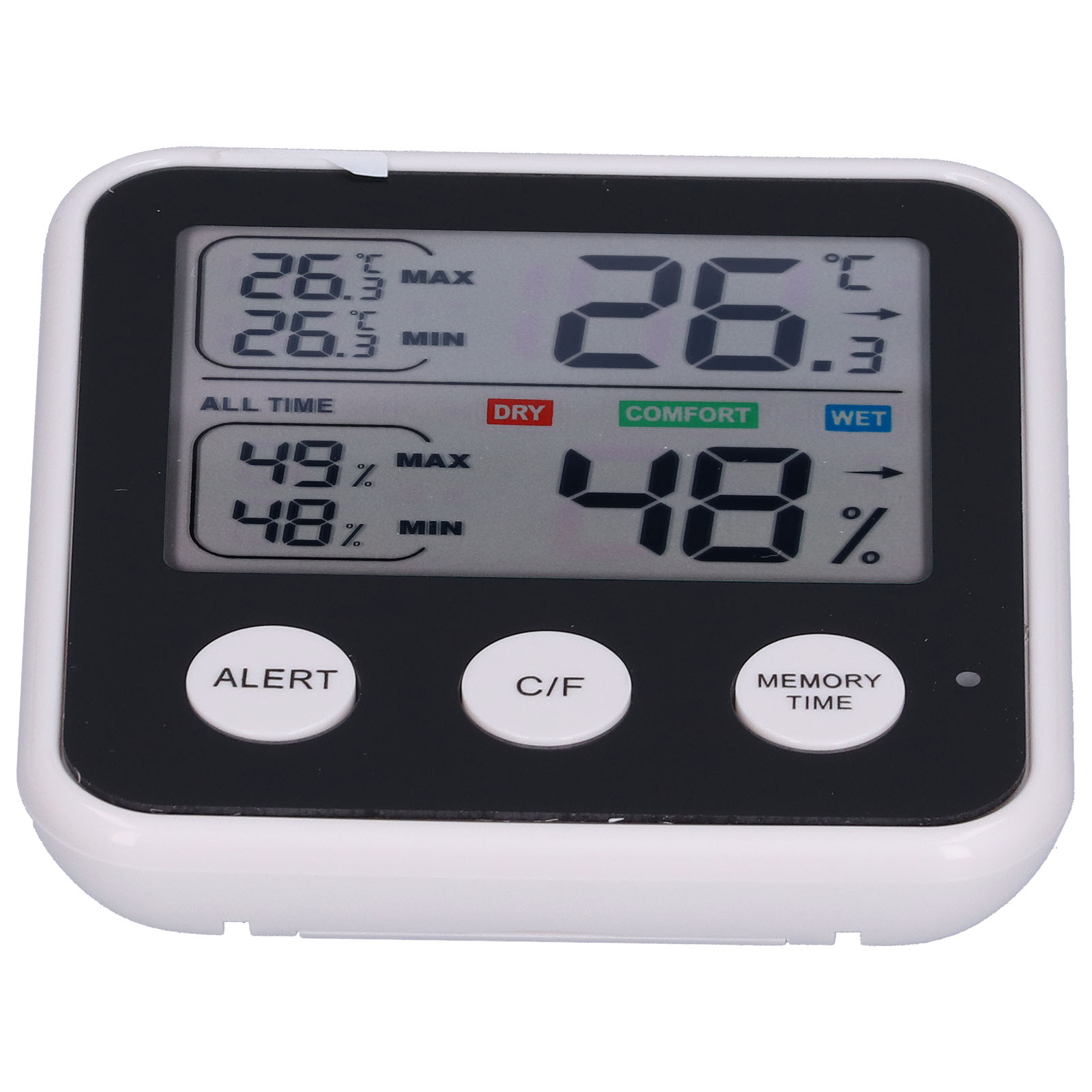 Ein Digitalthermometer zeigt 26,3 Grad Celsius, 48 % Luftfeuchtigkeit. Tasten für Alarm, C/F und Speicher sind sichtbar.