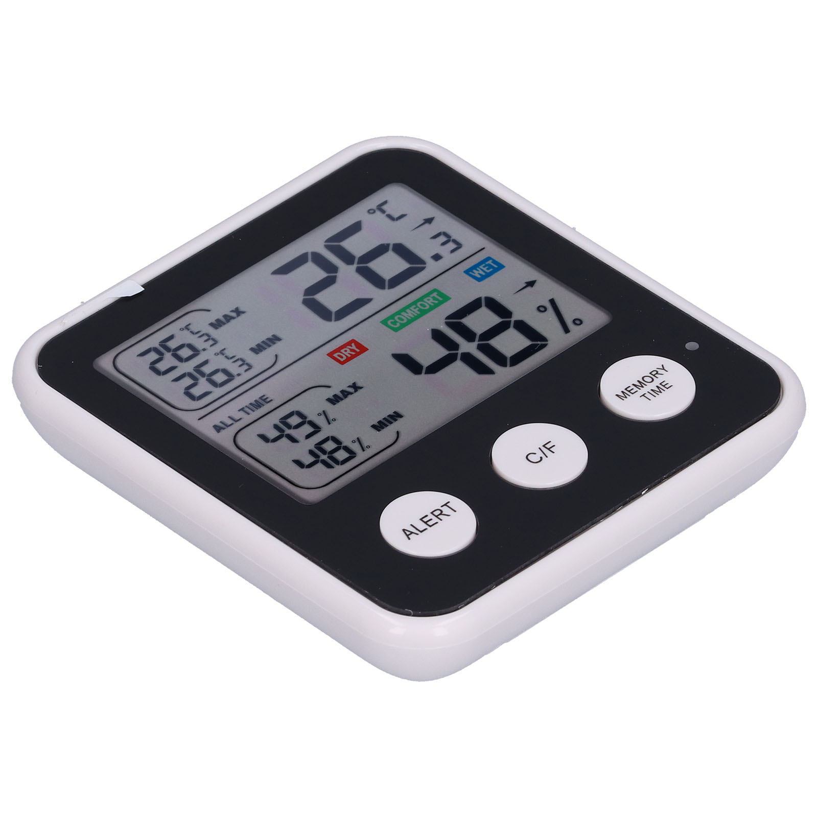 Digitales Thermometer, das Temperatur und Luftfeuchtigkeit anzeigt. Tasten für Alarm, C/F und Speicher sind sichtbar.