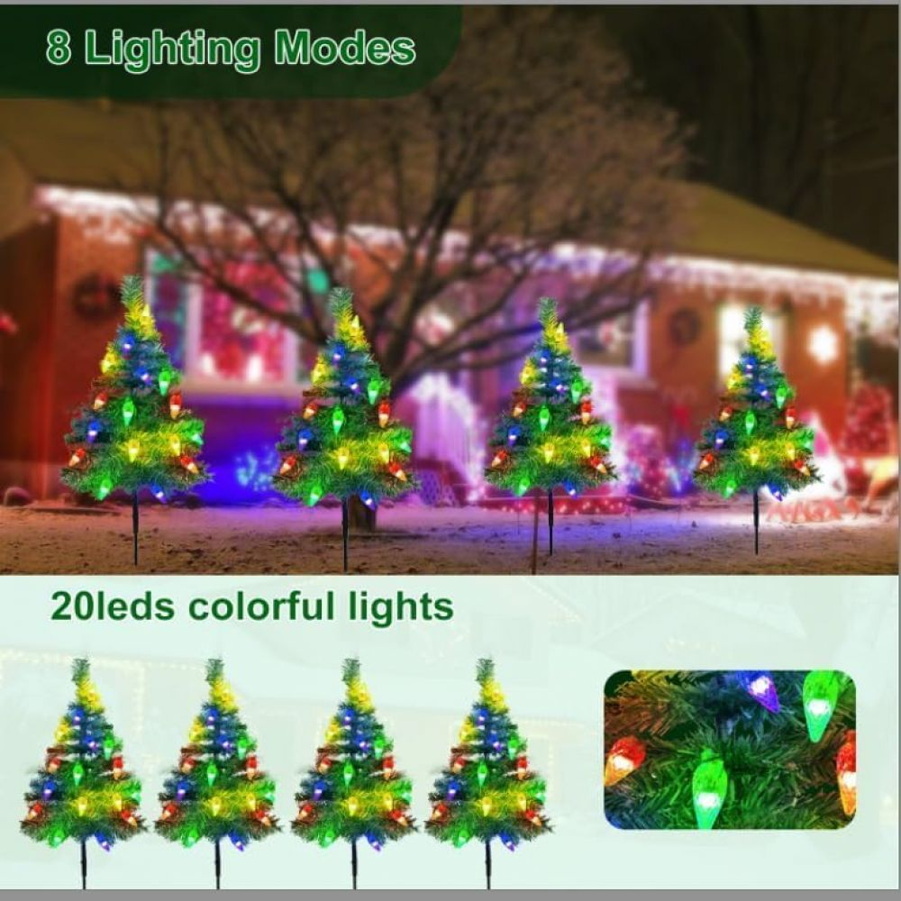 Das Bild zeigt beleuchtete Weihnachtsbäume mit bunten Lichtern. Die Bäume stehen vor einem Haus, mit dem Text '8 Lighting Modes'.