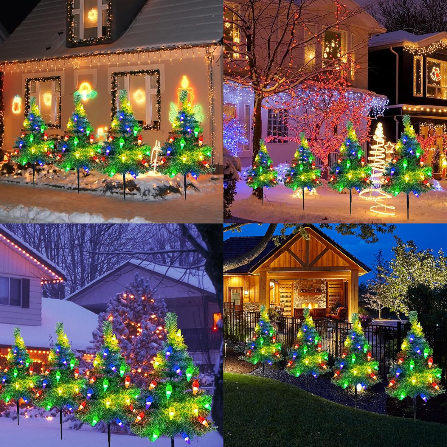 Vier kleine, beleuchtete Weihnachtsbäume vor Häusern bei Nacht. Farbige Lichter an den Bäumen. Schneeiger Boden. Andere Häuser sind beleuchtet.