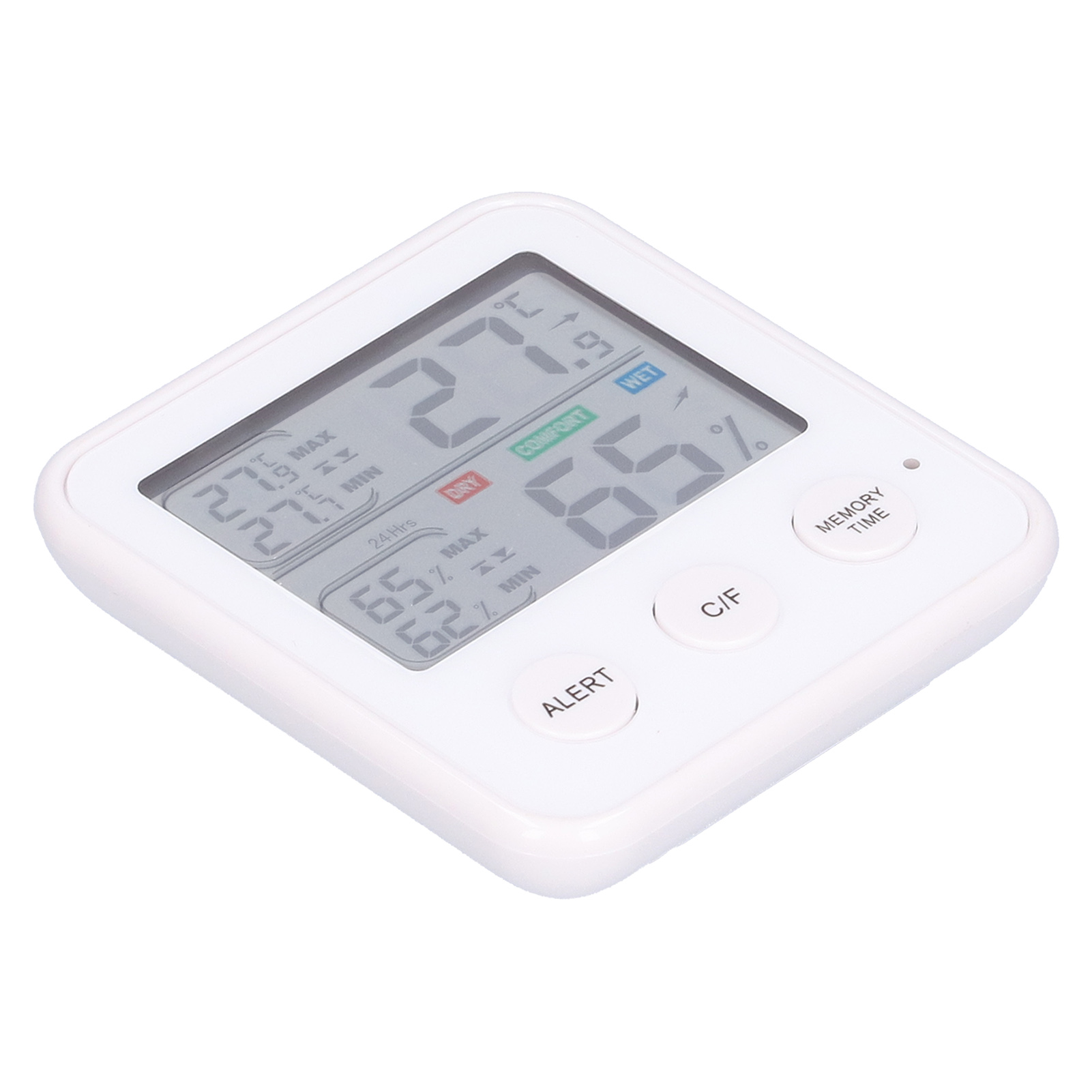 Ein weißes digitales Thermometer, das Temperatur- und Feuchtigkeitsmesswerte anzeigt, mit Steuertasten. Der Bildschirm zeigt Zahlen und Text.