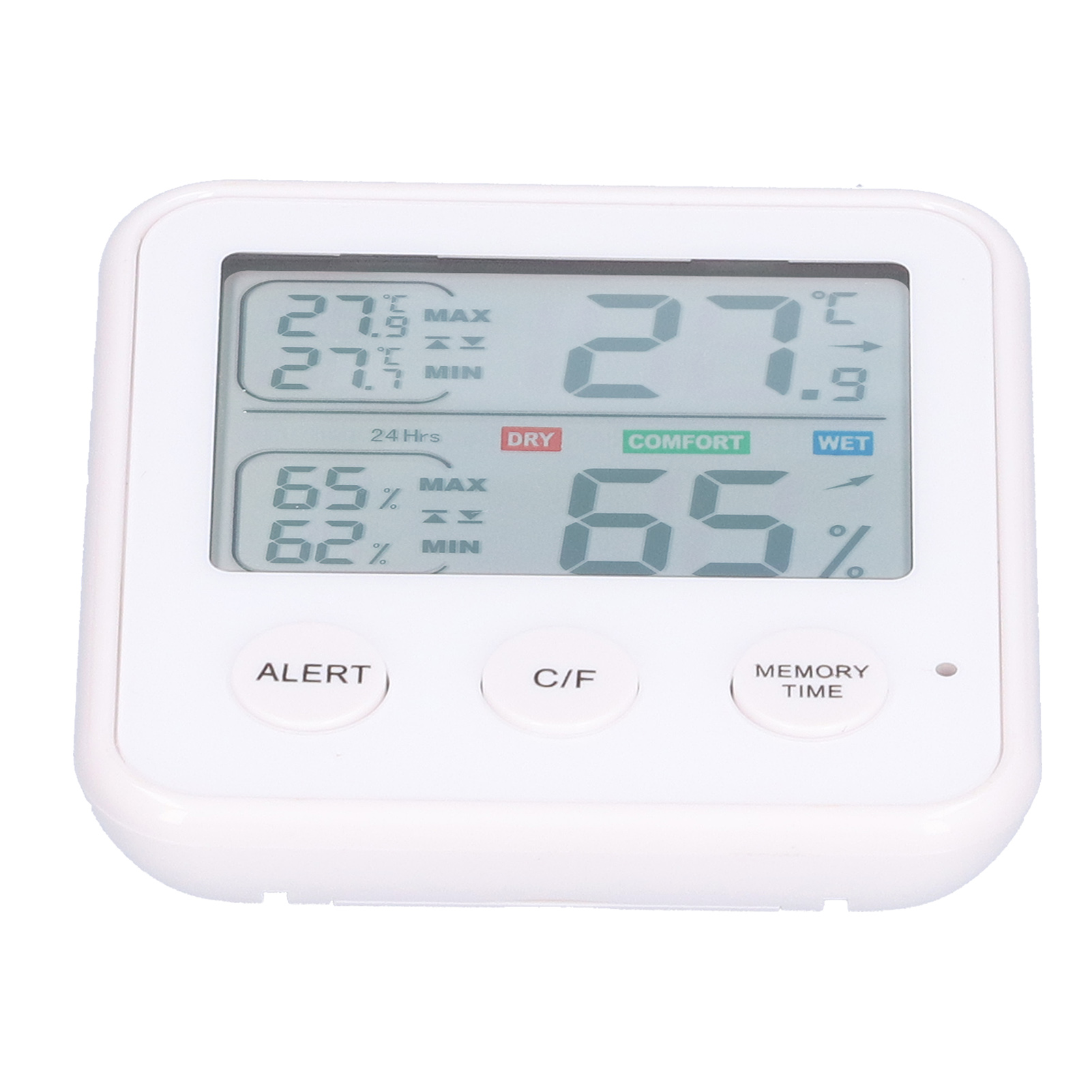 Ein weißes digitales Thermometer zeigt Temperatur- und Feuchtigkeitsmesswerte an, mit Tasten für Alarm, C/F und Speicher.