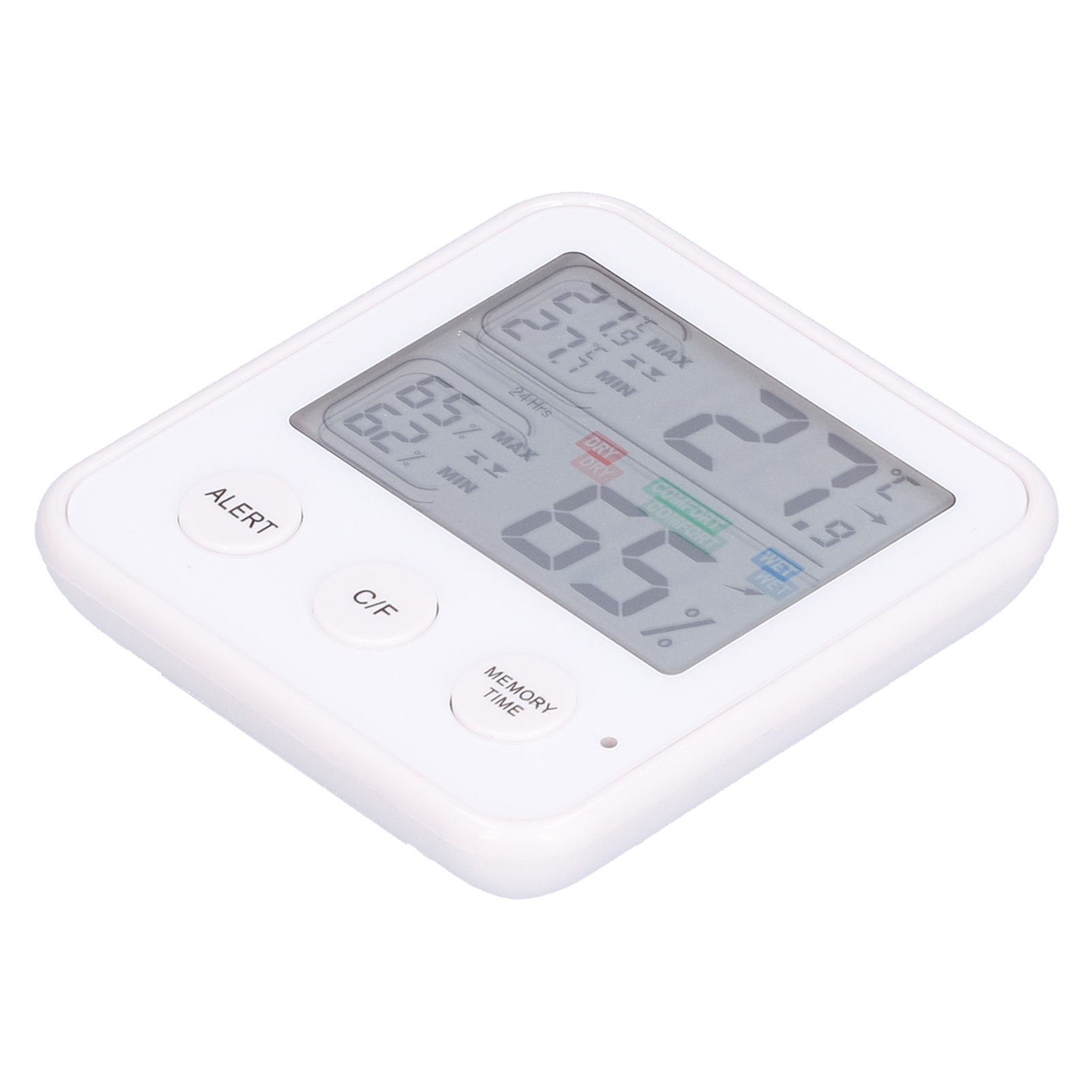 Ein weißes digitales Thermometer, das Temperatur- und Feuchtigkeitswerte anzeigt, mit Tasten für Alarm und Einstellungen.