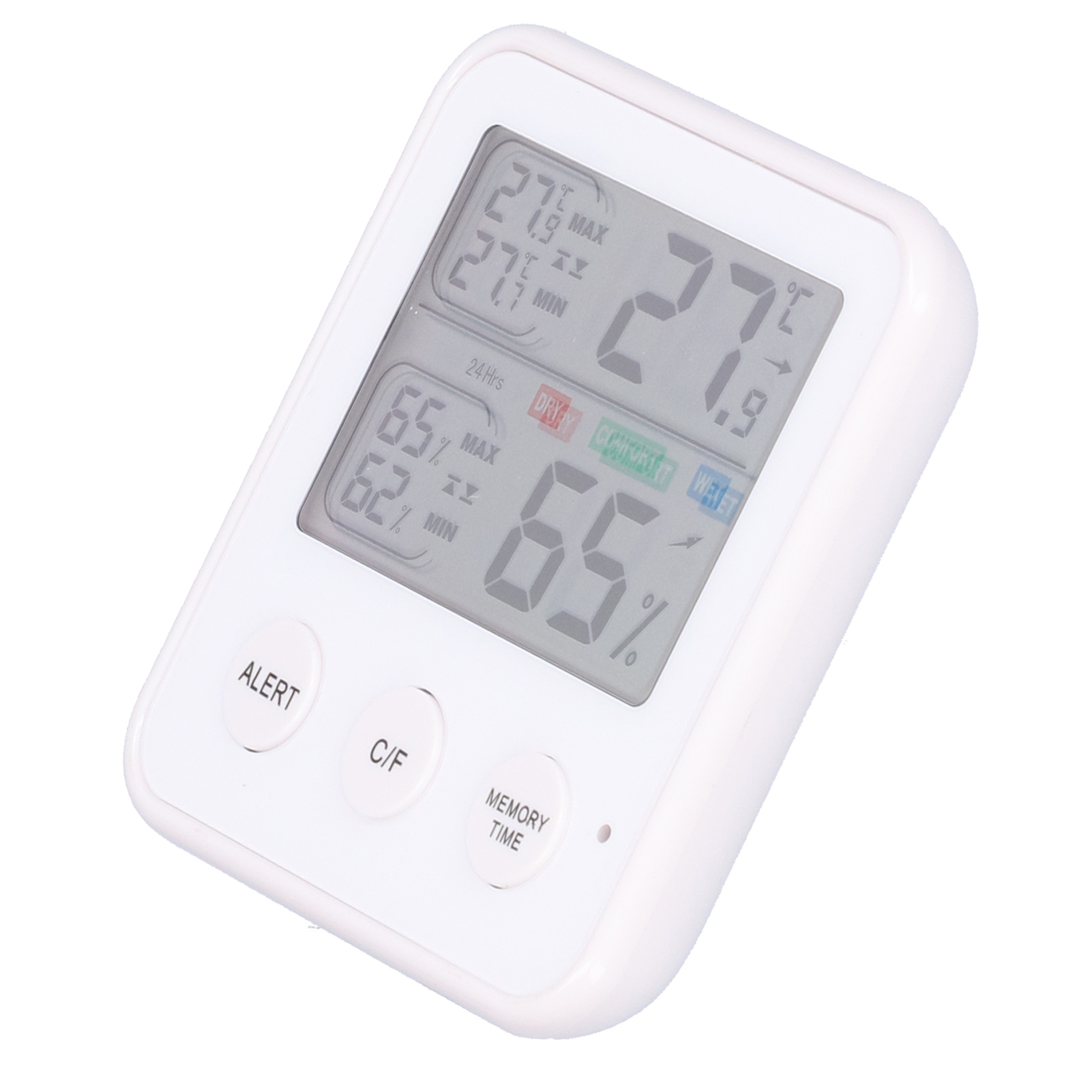 Ein weißes digitales Thermometer zeigt Temperatur- und Feuchtigkeitswerte an. Tasten sind Alarm, C/F und Speicher.