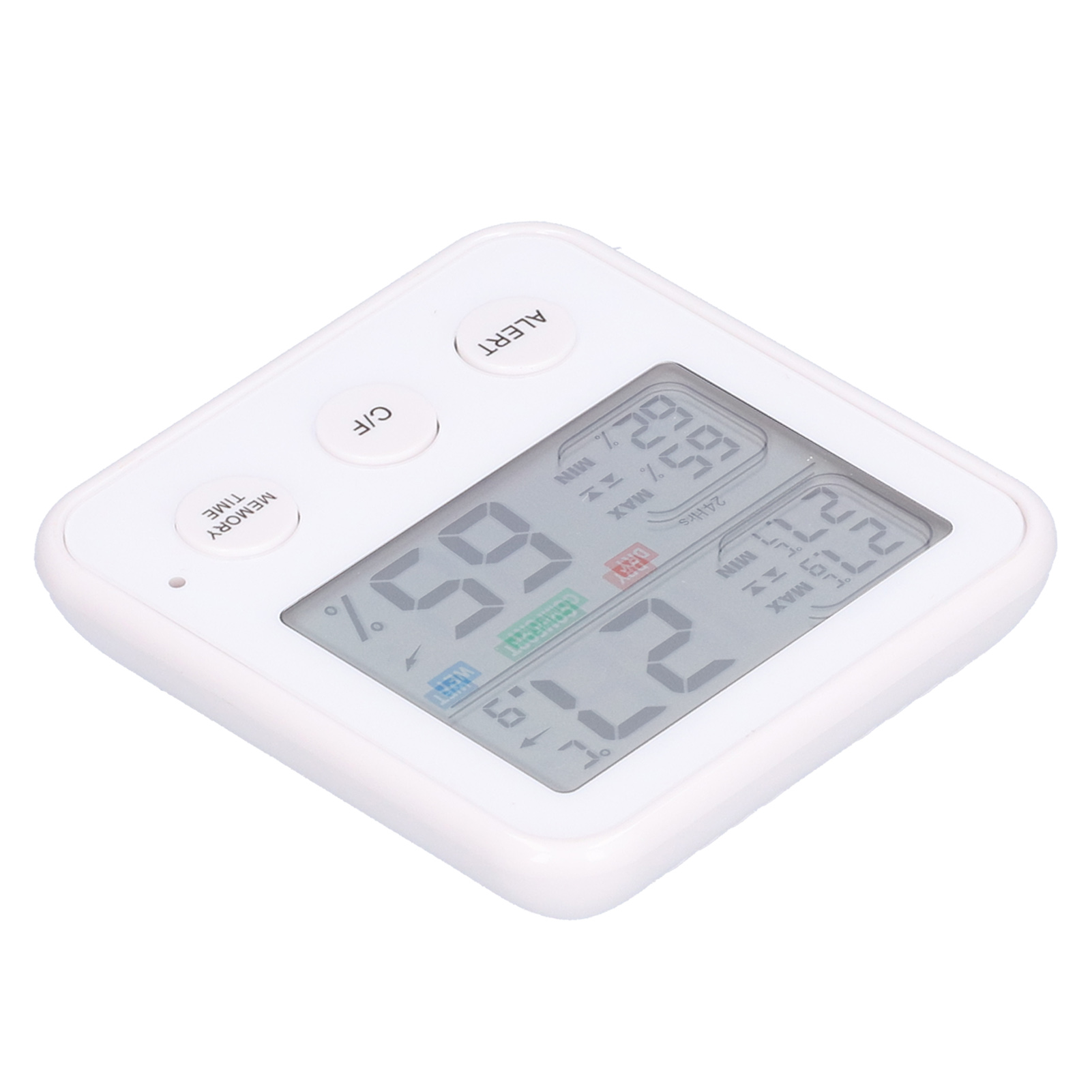 Ein weißes digitales Thermometer zeigt Luftfeuchtigkeit, Temperatur und Alarmfunktionen an. Es hat Tasten für C/F und Speicher.