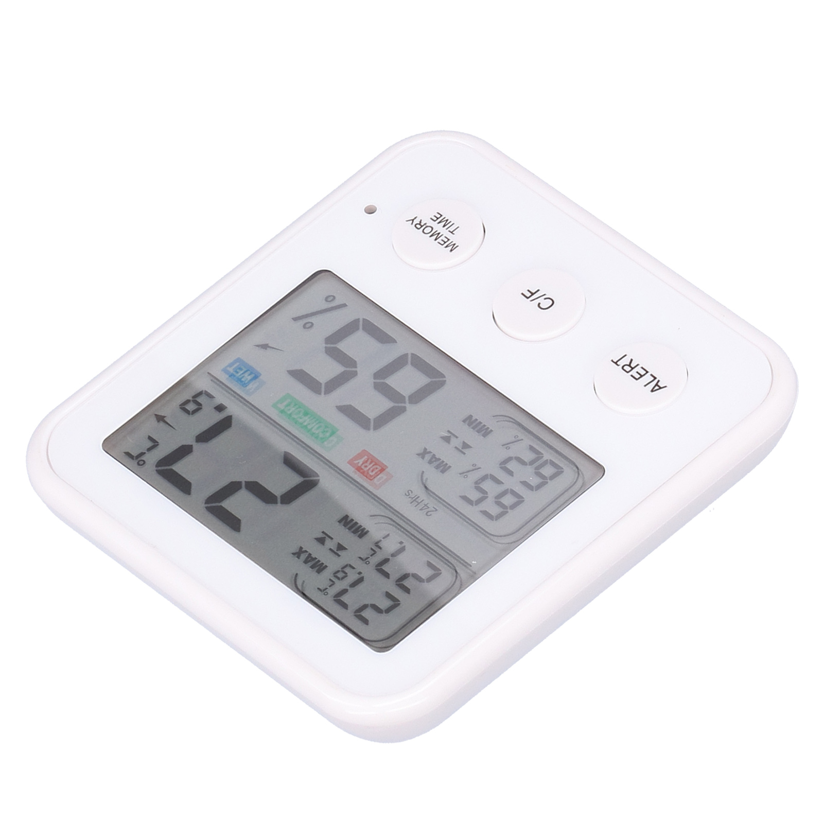 Ein weißes digitales Thermometer, das Temperatur- und Feuchtigkeitswerte anzeigt, mit drei Tasten für Speicher, C/F und Alarm.