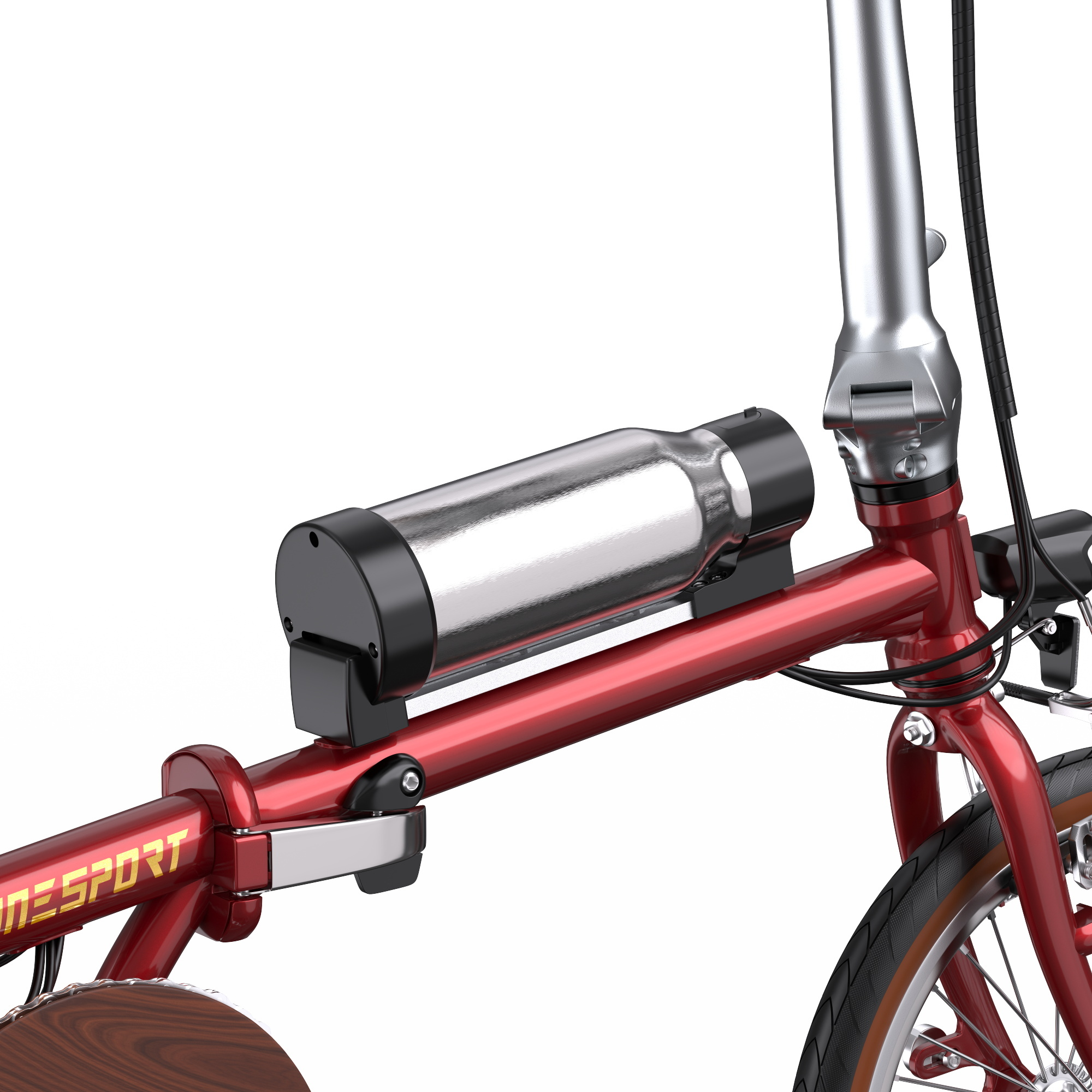 Czerwona rama roweru ze srebrną baterią i komponentami. Koła mają brązowe opony. Białe tło.