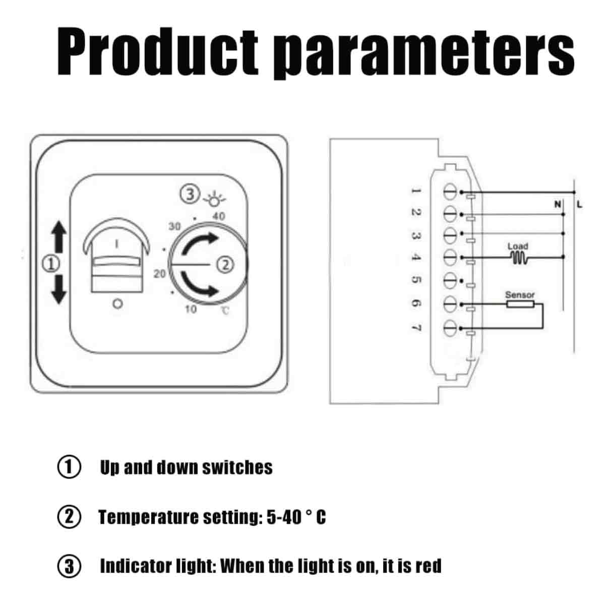 Diagramm eines Produkts mit Schaltern, Temperatureinstellungen und Kontrollleuchte. Text auf Deutsch.