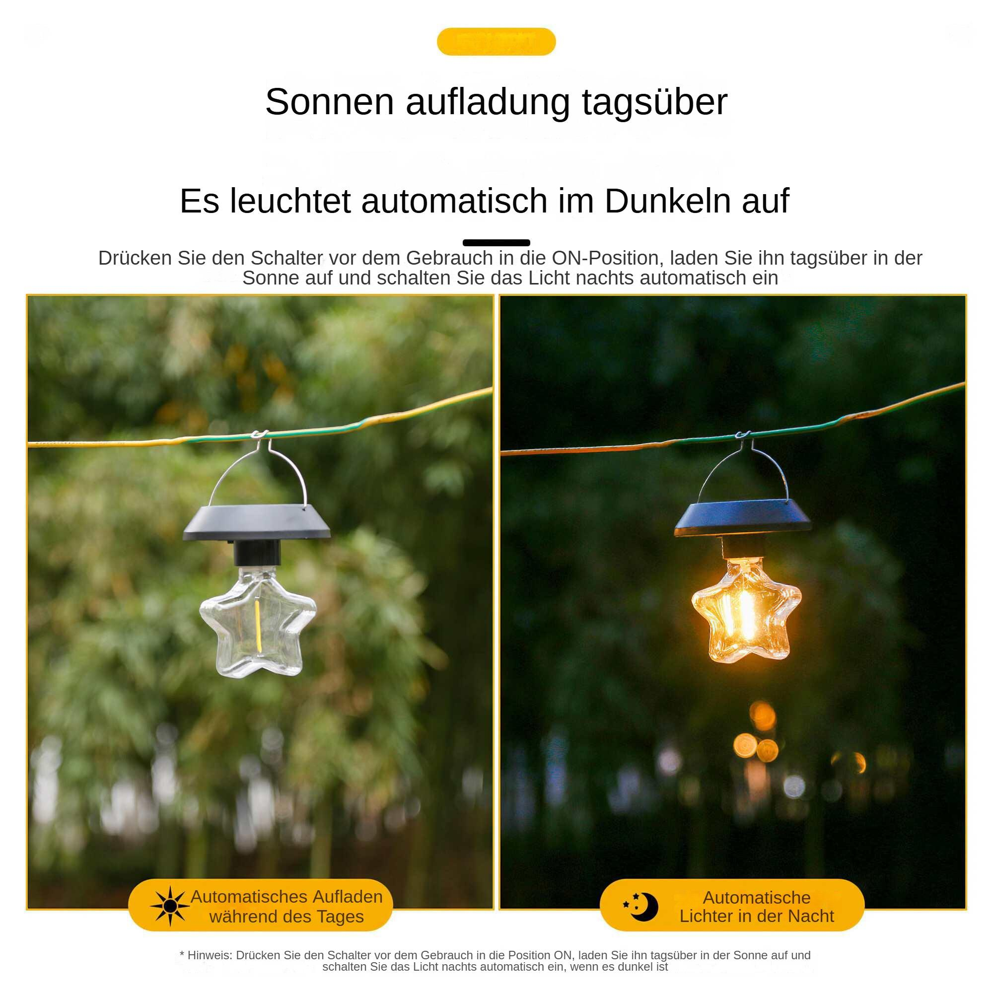 Das Bild zeigt Solarlampen. Eine ist aus, die andere leuchtet. Text beschreibt das Aufladen in der Sonne und die automatische Nachtbeleuchtung.