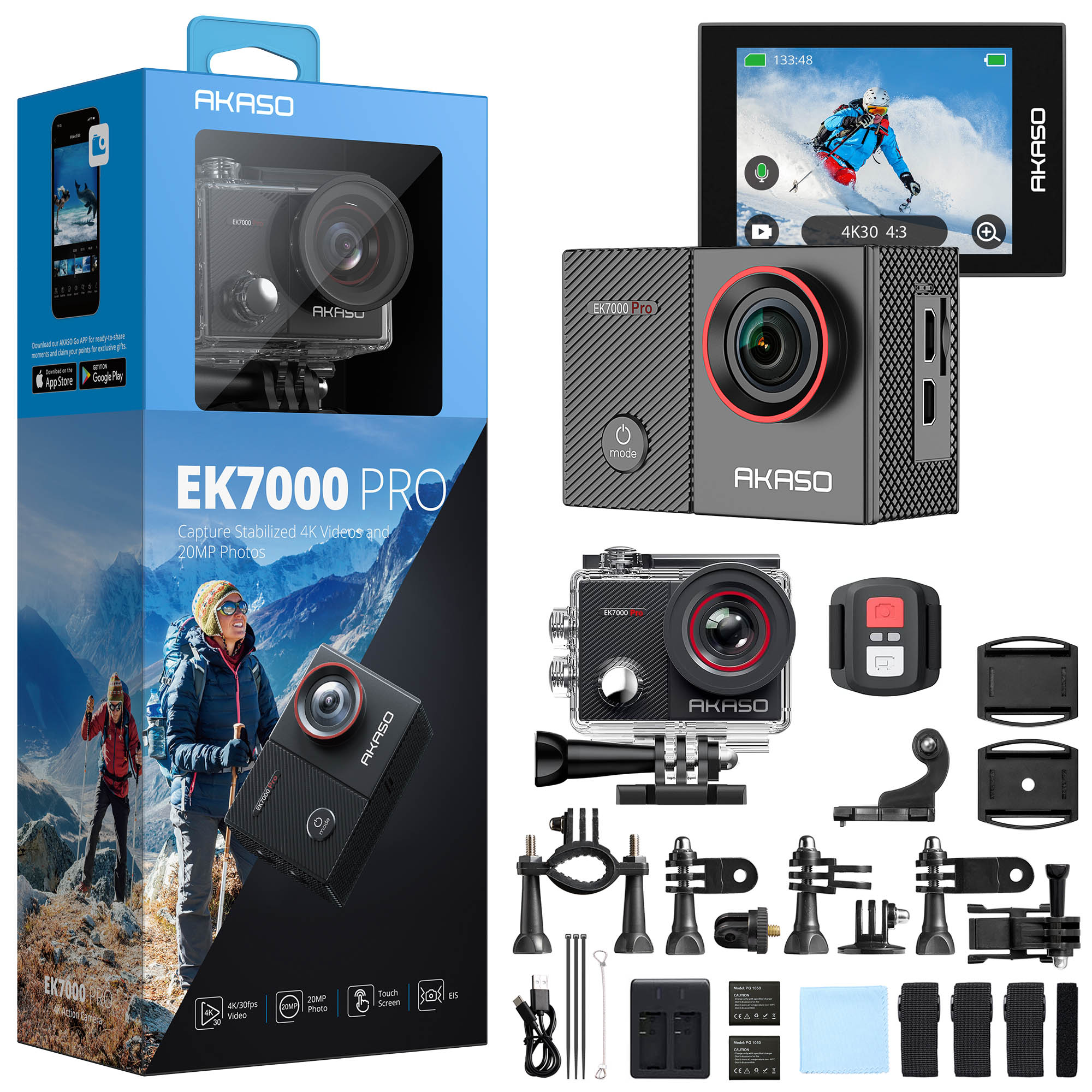 AKASO EK7000 Pro aksiyon kamerası seti. Kamera, aksesuarlar ve kutu içerir. Kamera ekranda bir kayakçı gösteriyor.