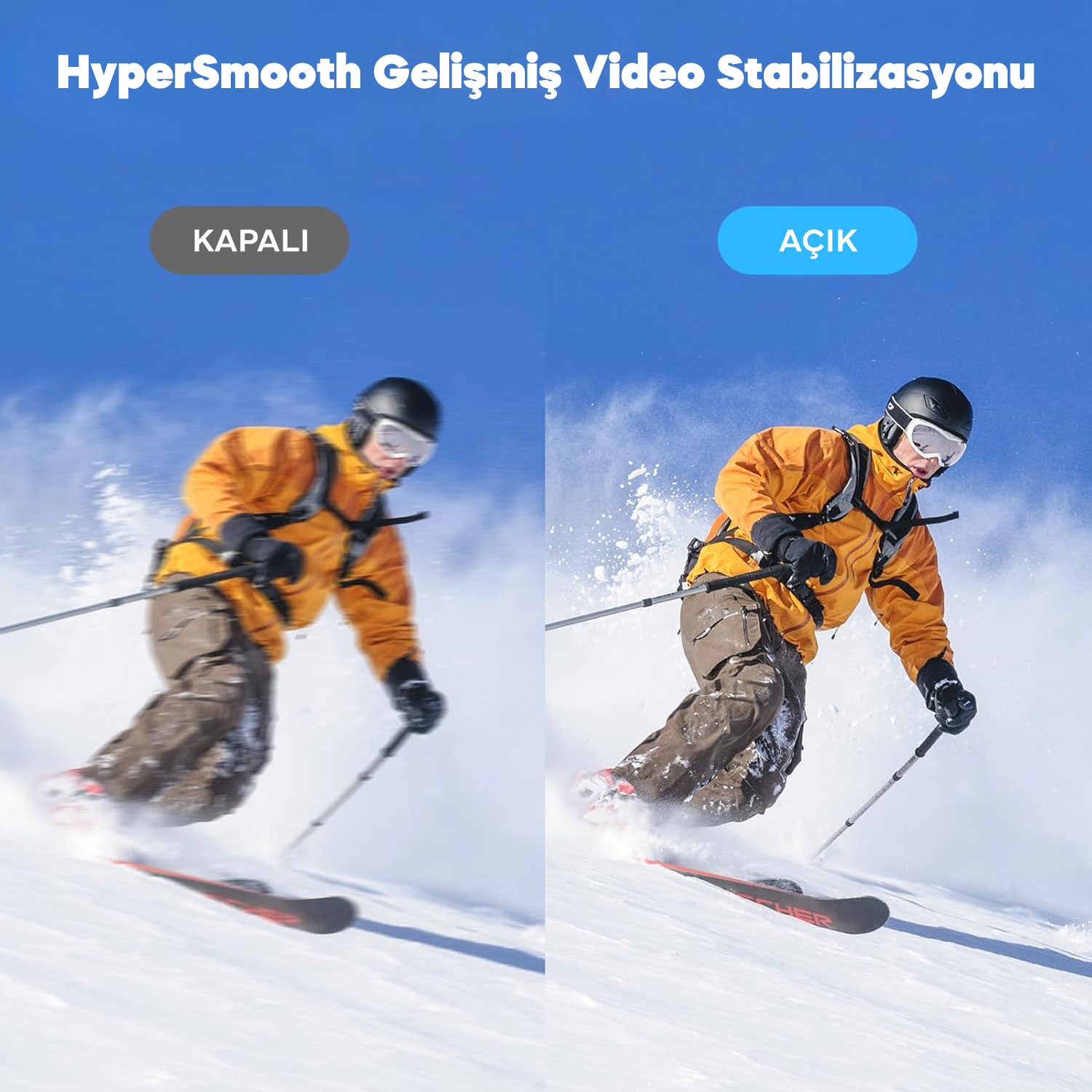 Turuncu ceketli ve siyah kasklı bir kayakçı karlı bir yamaçta kayak yapıyor. Görüntü, stabilizasyon karşılaştırmasını gösterir. Mavi gökyüzü arka planı.