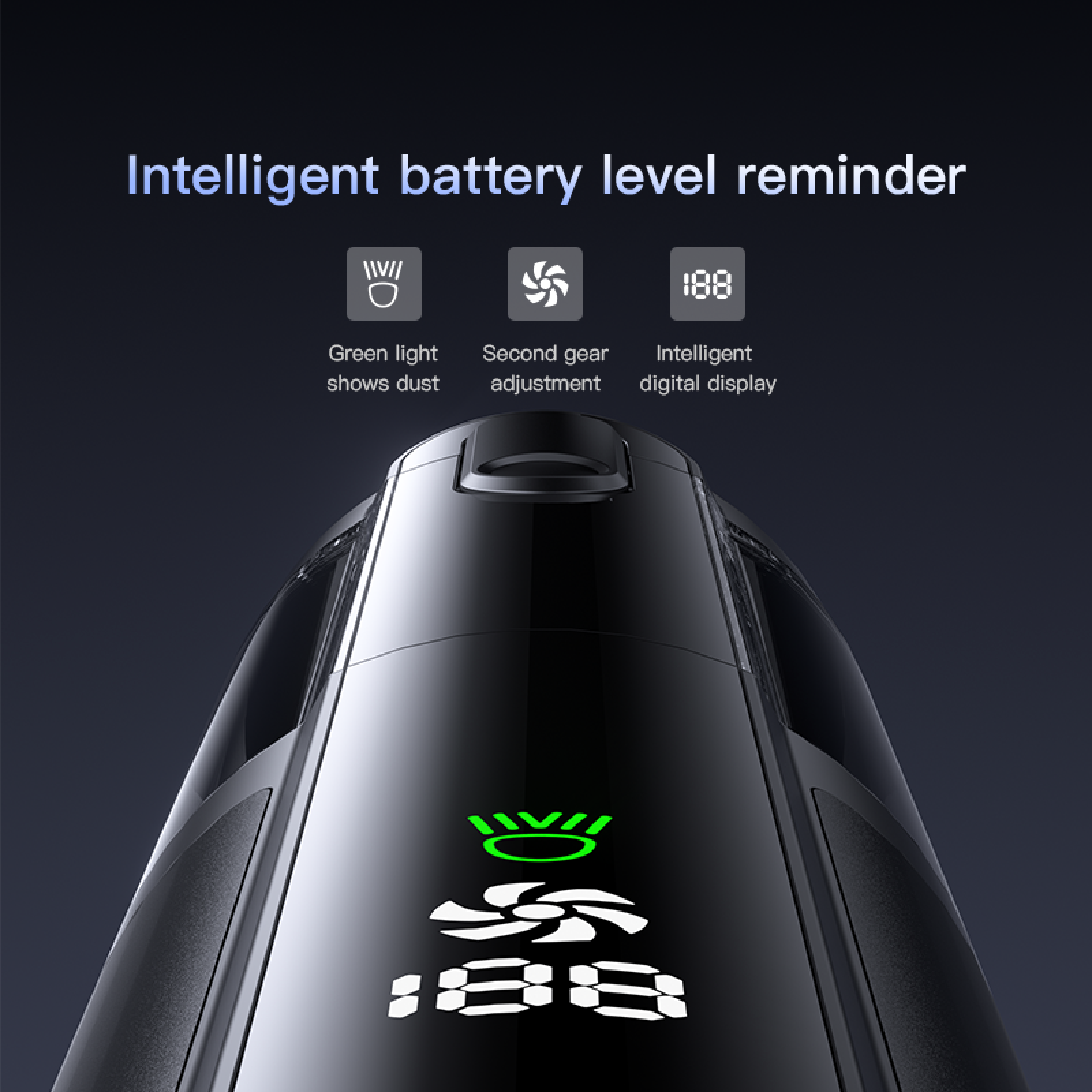 Nahaufnahme eines schwarzen Geräts mit grüner Leuchtanzeige. Text: Intelligente Batteriestandsanzeige.