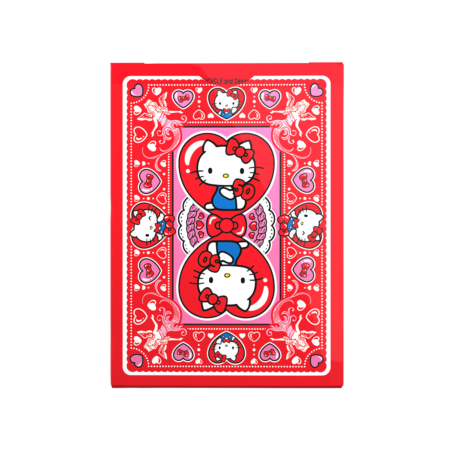 Rote Karte mit Hello Kitty. Zwei Hello Kitty Figuren in roten Herzen. Herzen, Schleifen und Engel verzieren die Kartenränder.