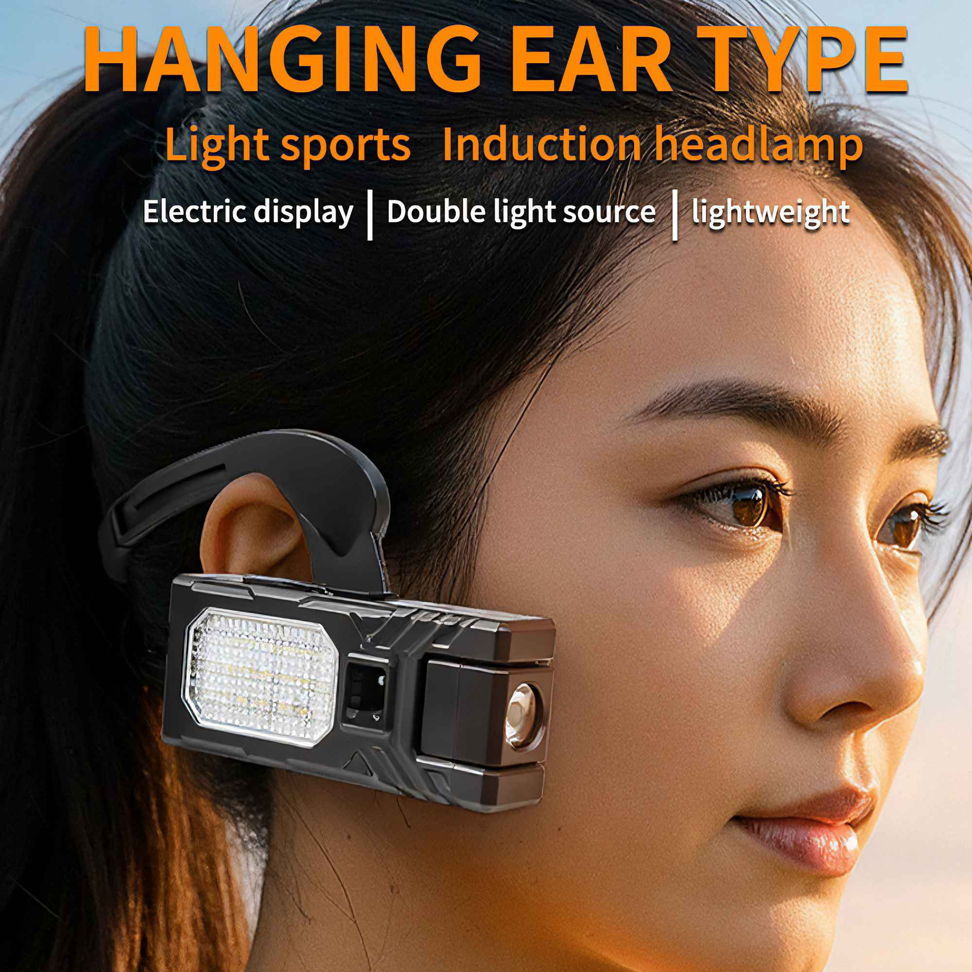 Eine Frau trägt eine schwarze Stirnlampe mit weißen Lichtern. Der Text oben lautet "HANGING EAR TYPE".