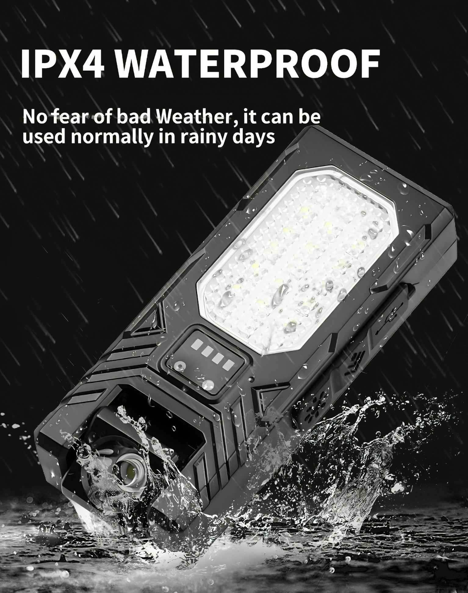 Schwarze, wasserdichte Taschenlampe mit Wasserspritzern. Text lautet IPX4 WASSERDICHT. Kann an regnerischen Tagen verwendet werden.