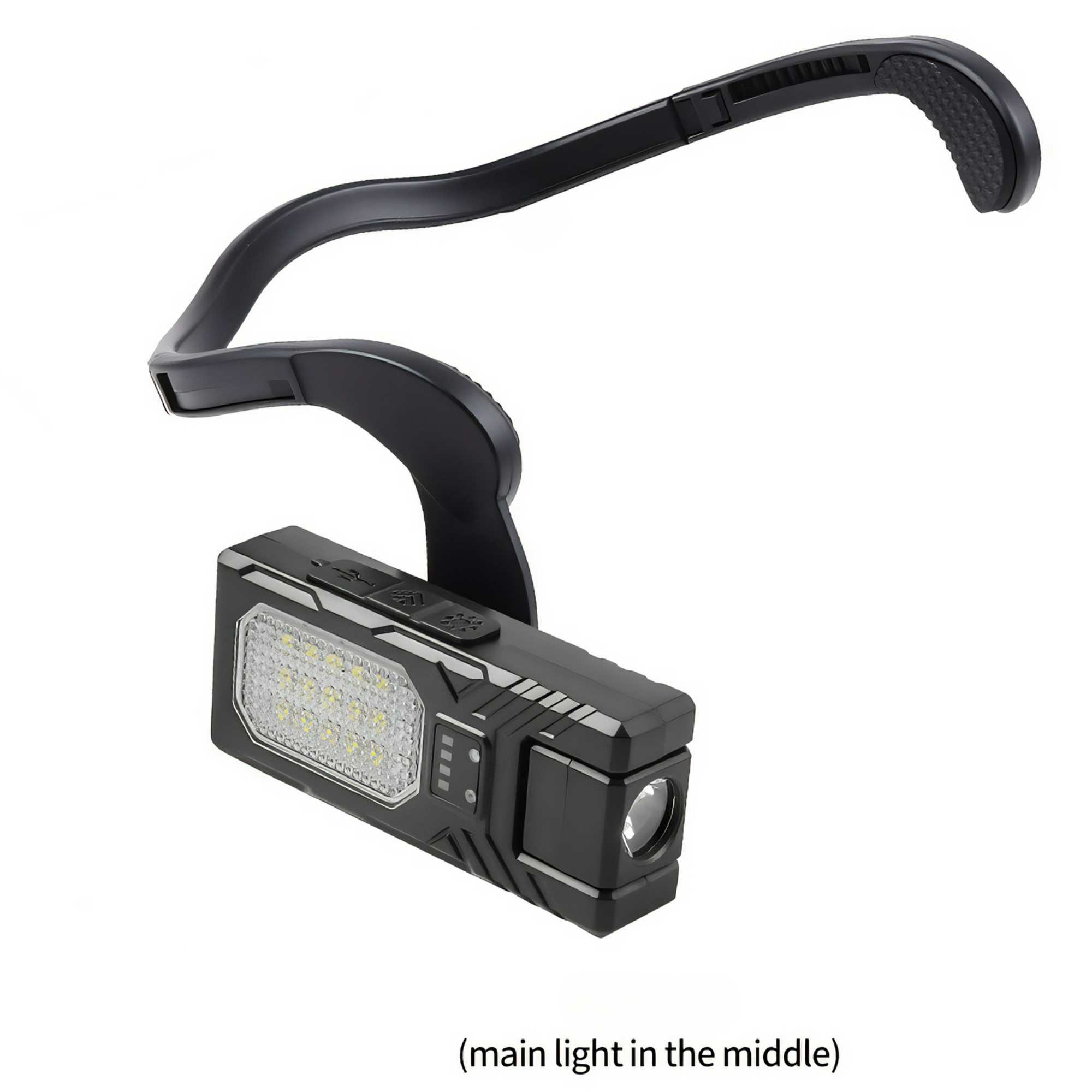 Schwarze Stirnlampe mit Hauptlicht und verstellbarem Stirnband, isoliert auf weißem Hintergrund.