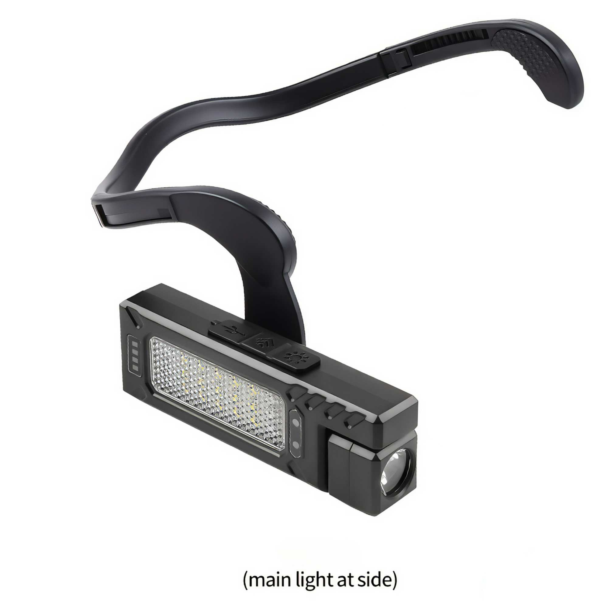 Schwarze Stirnlampe mit verstellbarem Stirnband, einem Hauptlicht und mehreren Knöpfen. Das Hauptlicht befindet sich an der Seite.