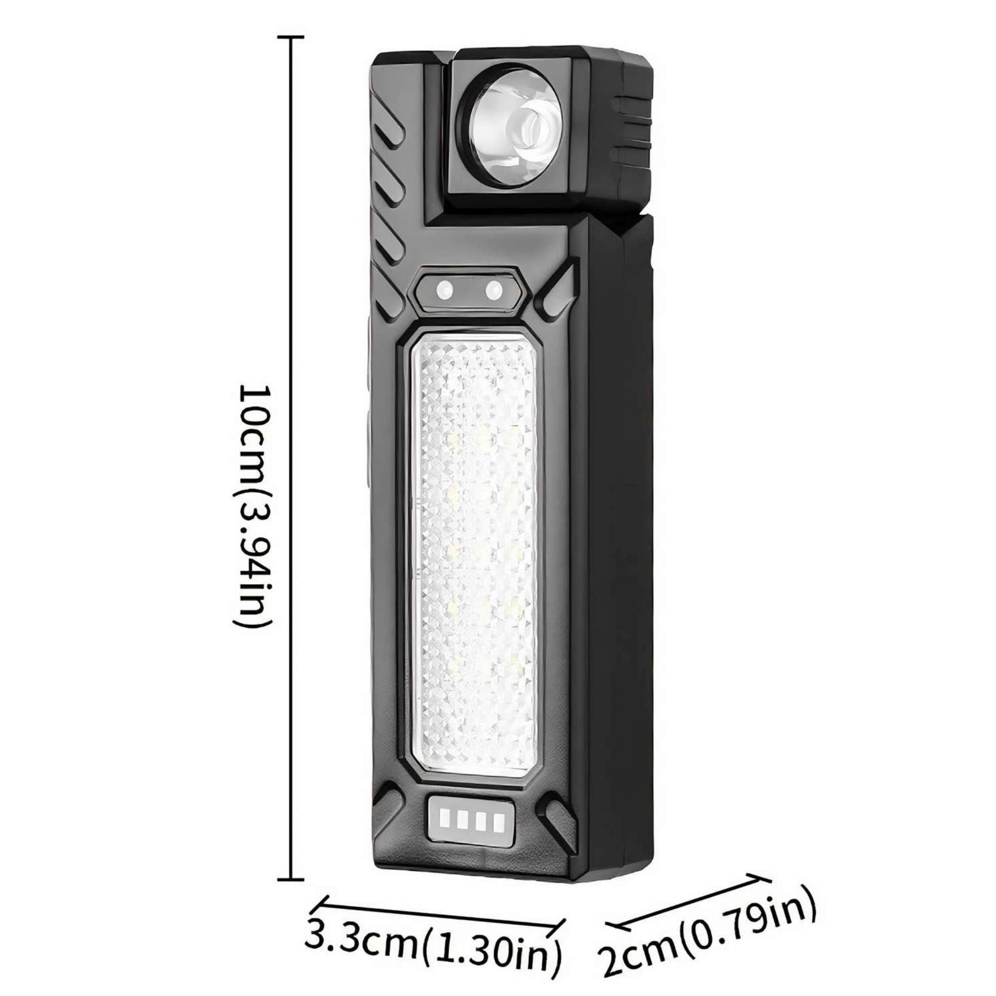 Eine schwarze Taschenlampe mit hellem, weißem LED-Licht, Abmessungen werden angezeigt. Die Leuchte hat ein Hauptlicht und einen oberen Scheinwerfer.