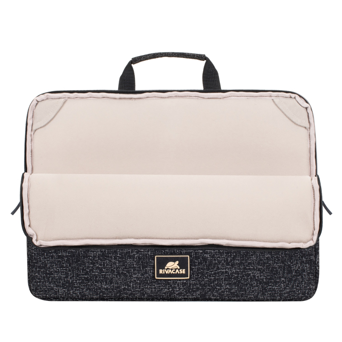Custodia per laptop aperta. Esterno in tessuto nero con manico. Interno beige e logo Rivacase.