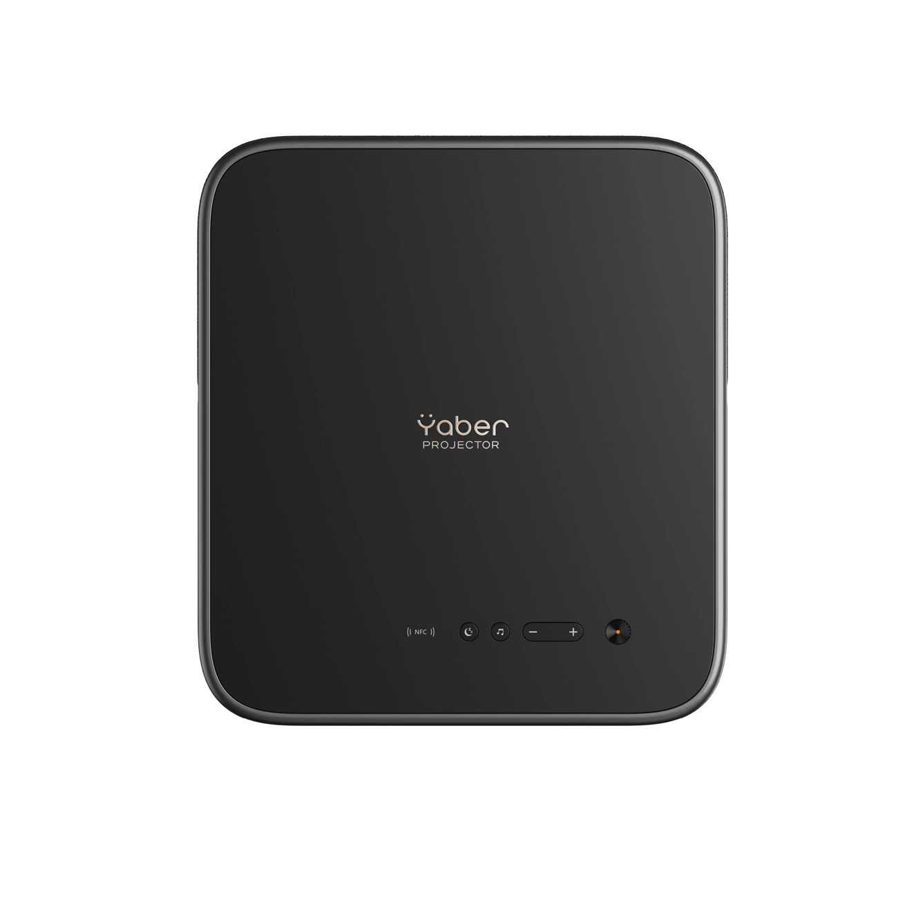 Czarny projektor Yaber na białym tle. Ma zaokrąglone rogi i przyciski sterowania po prawej stronie.