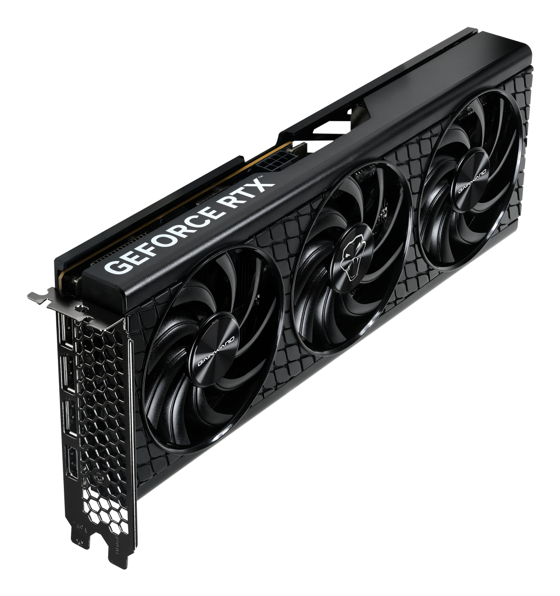 Black graphics card. It has three fans, the GeForce RTX logo, and multiple ports. The background is white.